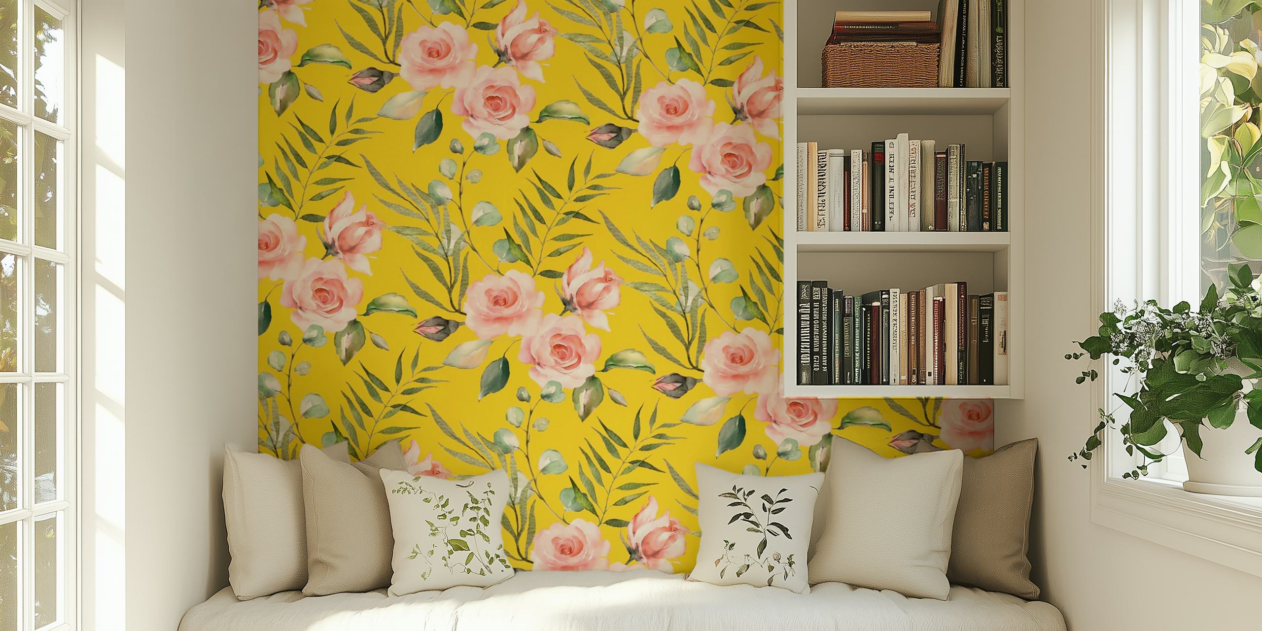 Ροδοκόκκινες Roses on Yellow με πράσινα φύλλα σε τοίχο φόντου