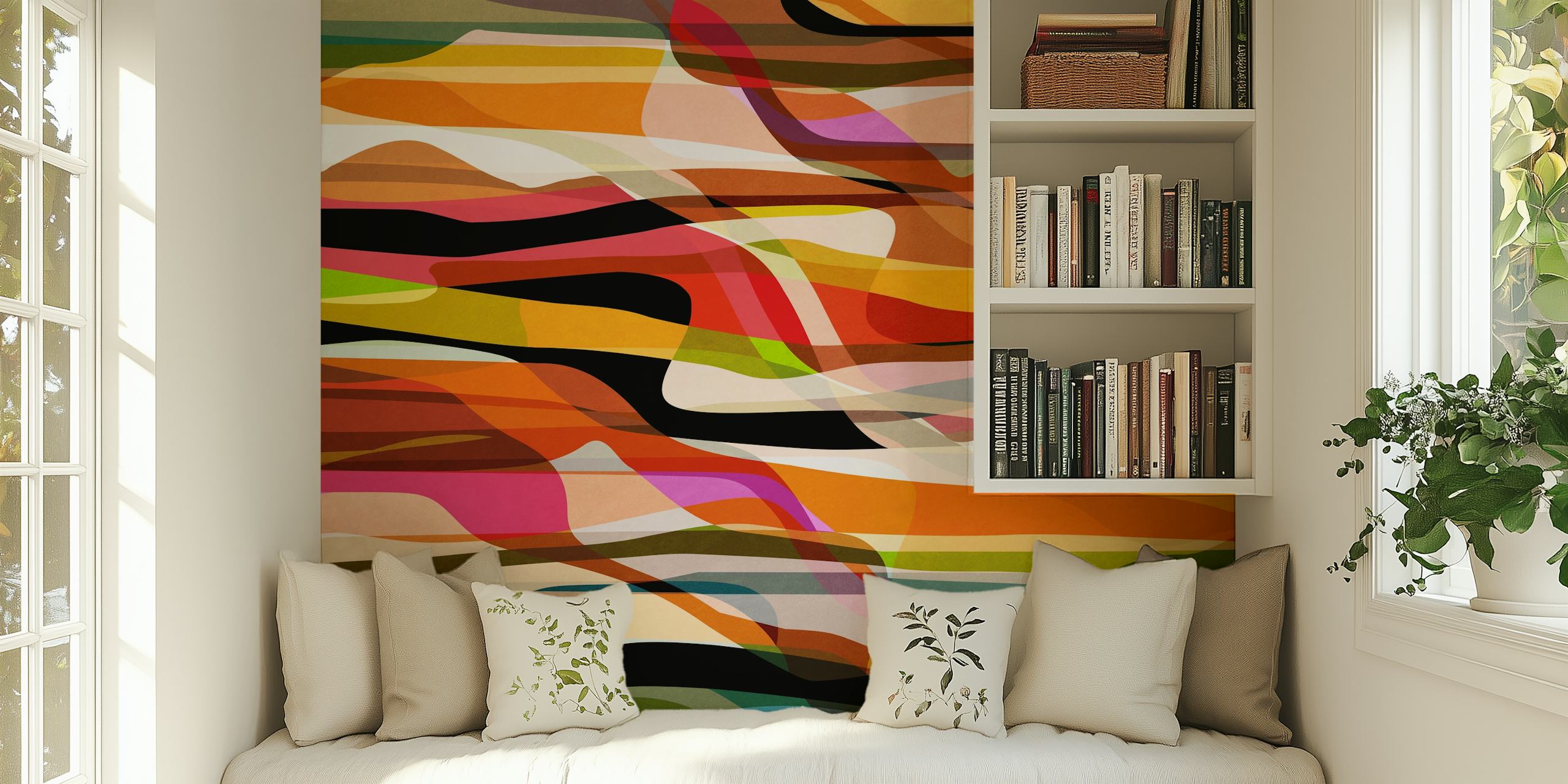 Colorful abstract wave patterns in orange, pink, green, and blue wallpaper