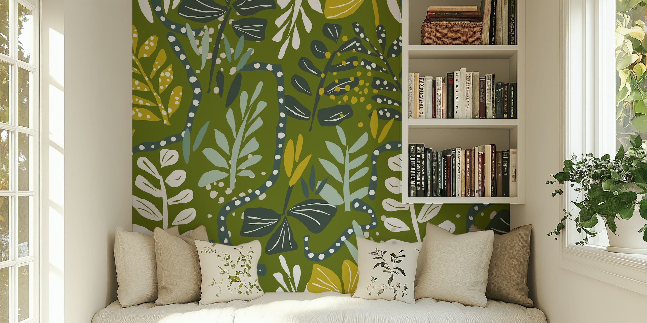Papel pintado con hojas verdes y amarillas vibrantes