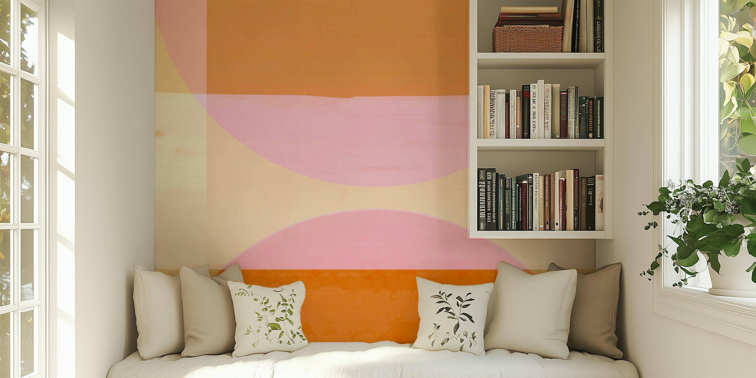 Wandbild im Mid-Century-Modern-Stil mit geometrischen Bauhaus-Formen in Pastelltönen und Erdtönen