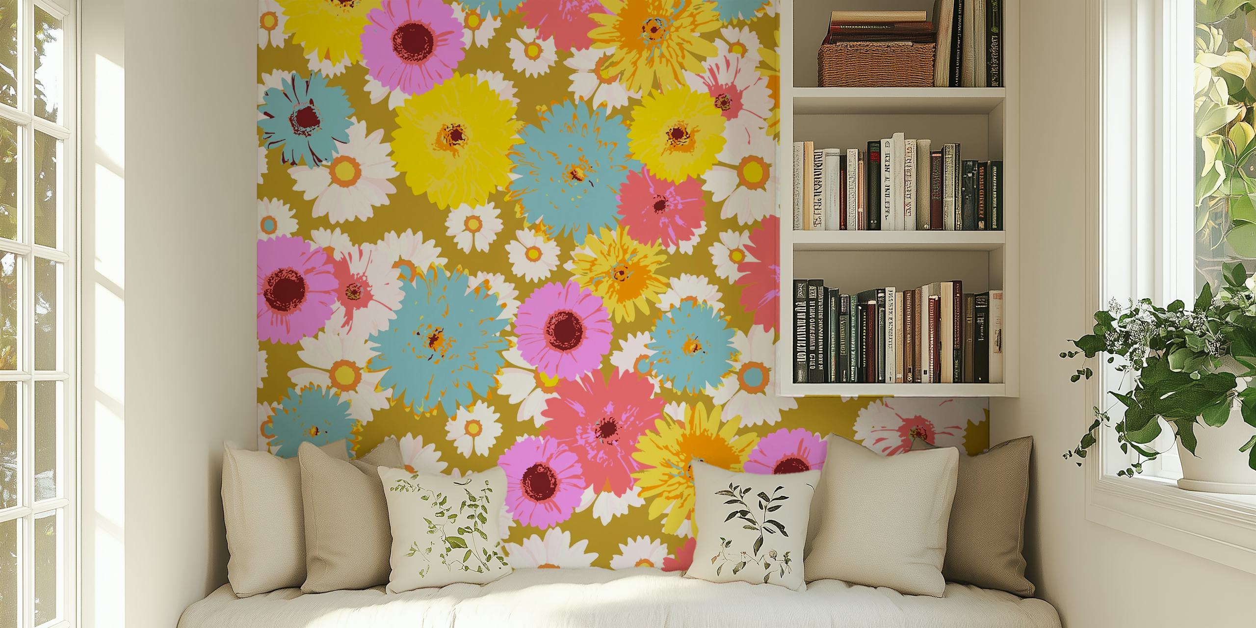Colorful flowers in pink, blue, yellow on a gold background wallpaper