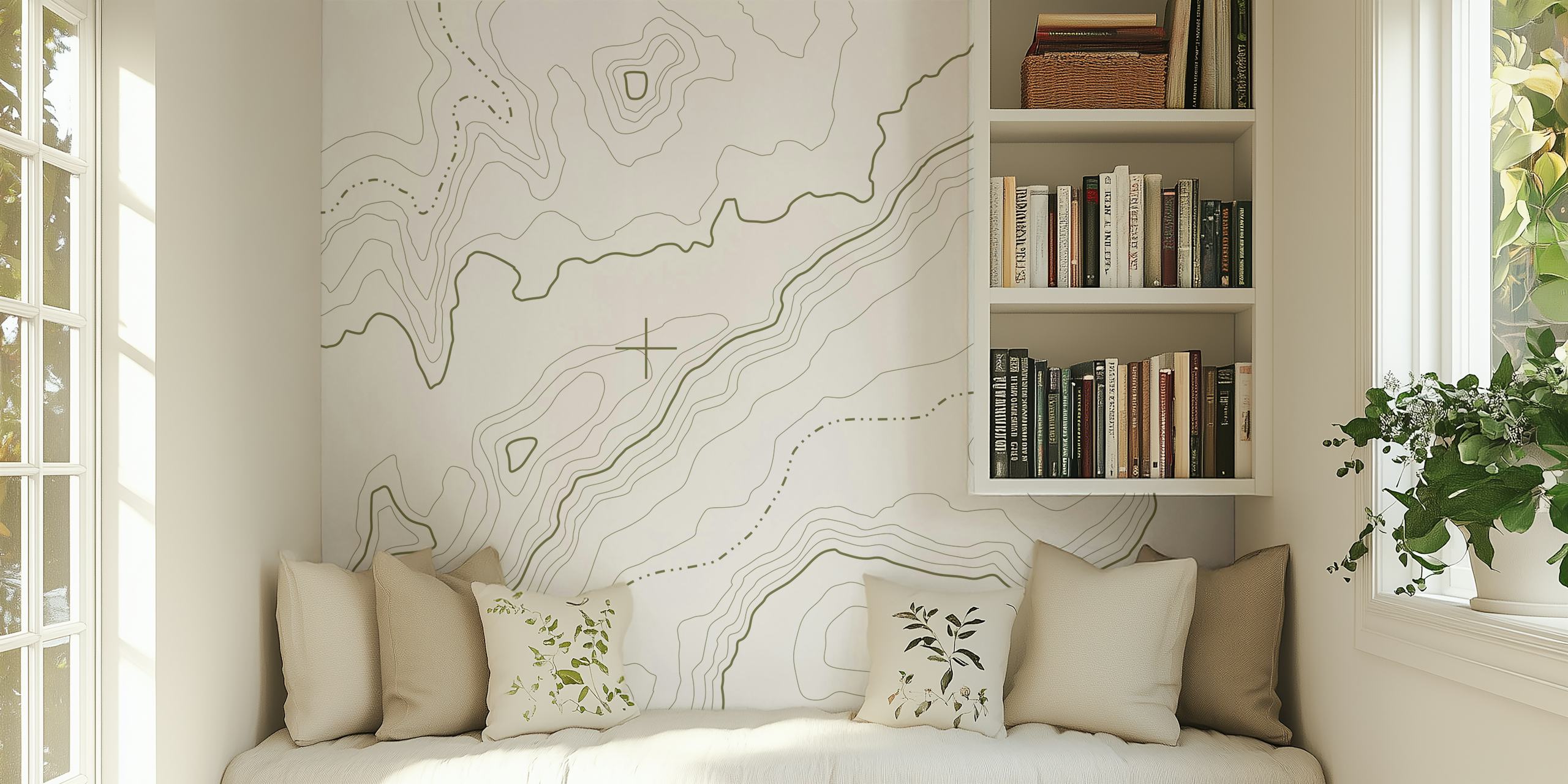 Green topographical map wallpaper featuring contour lines and patterns.