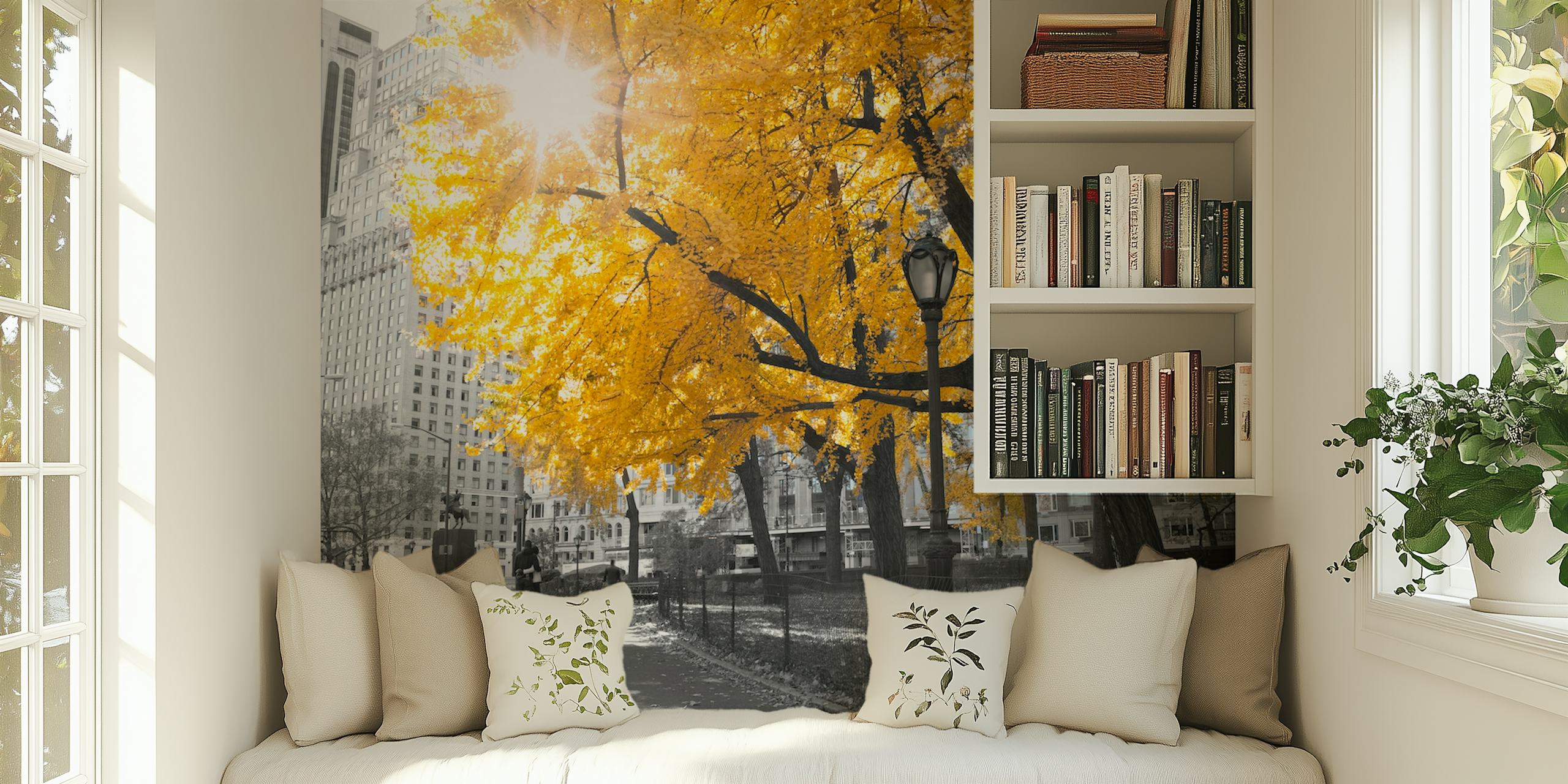 Yellow autumn leaves with black and white buildings wallpaper