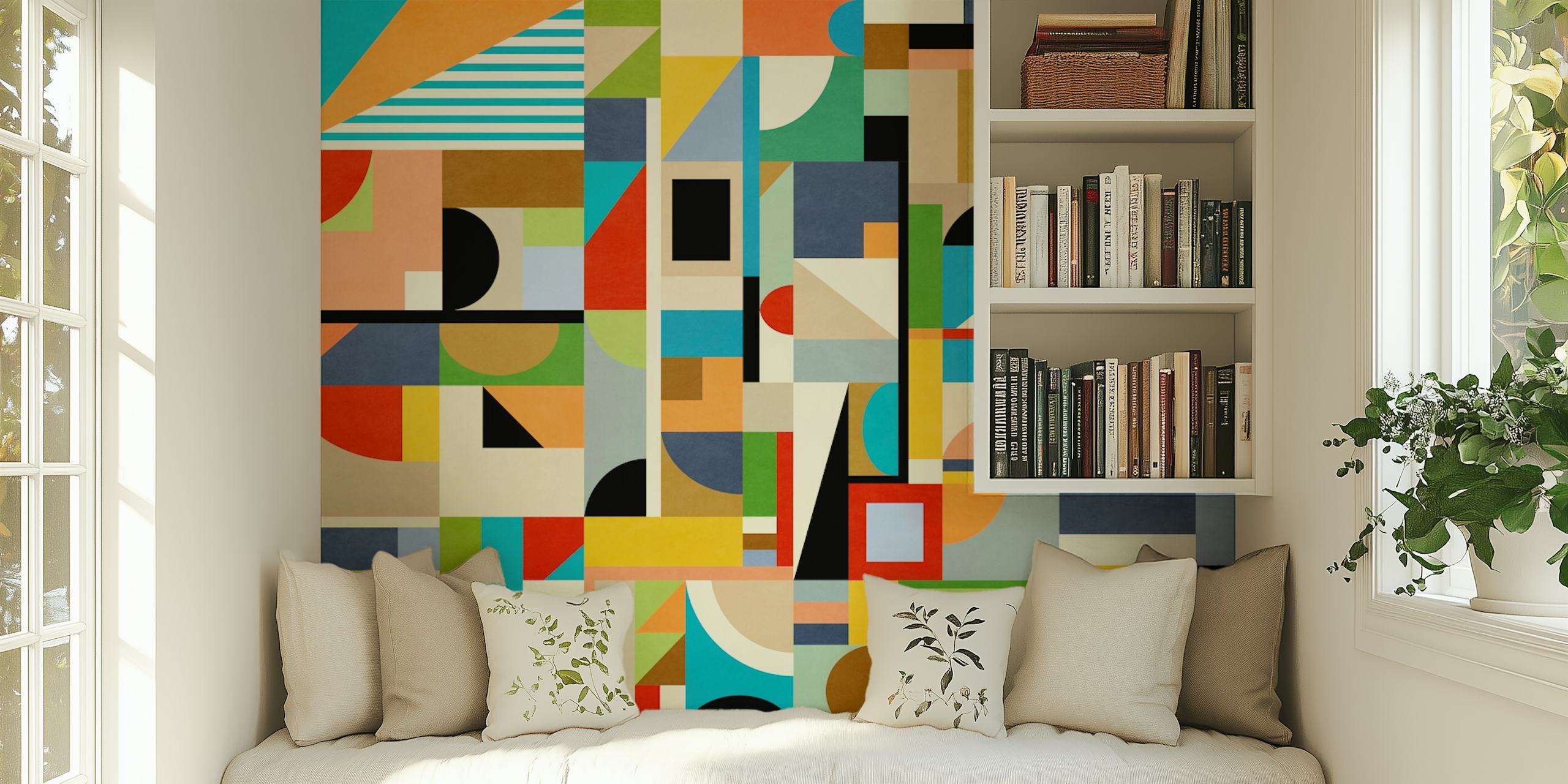 Colorful abstract geometric wallpaper displayed in a room