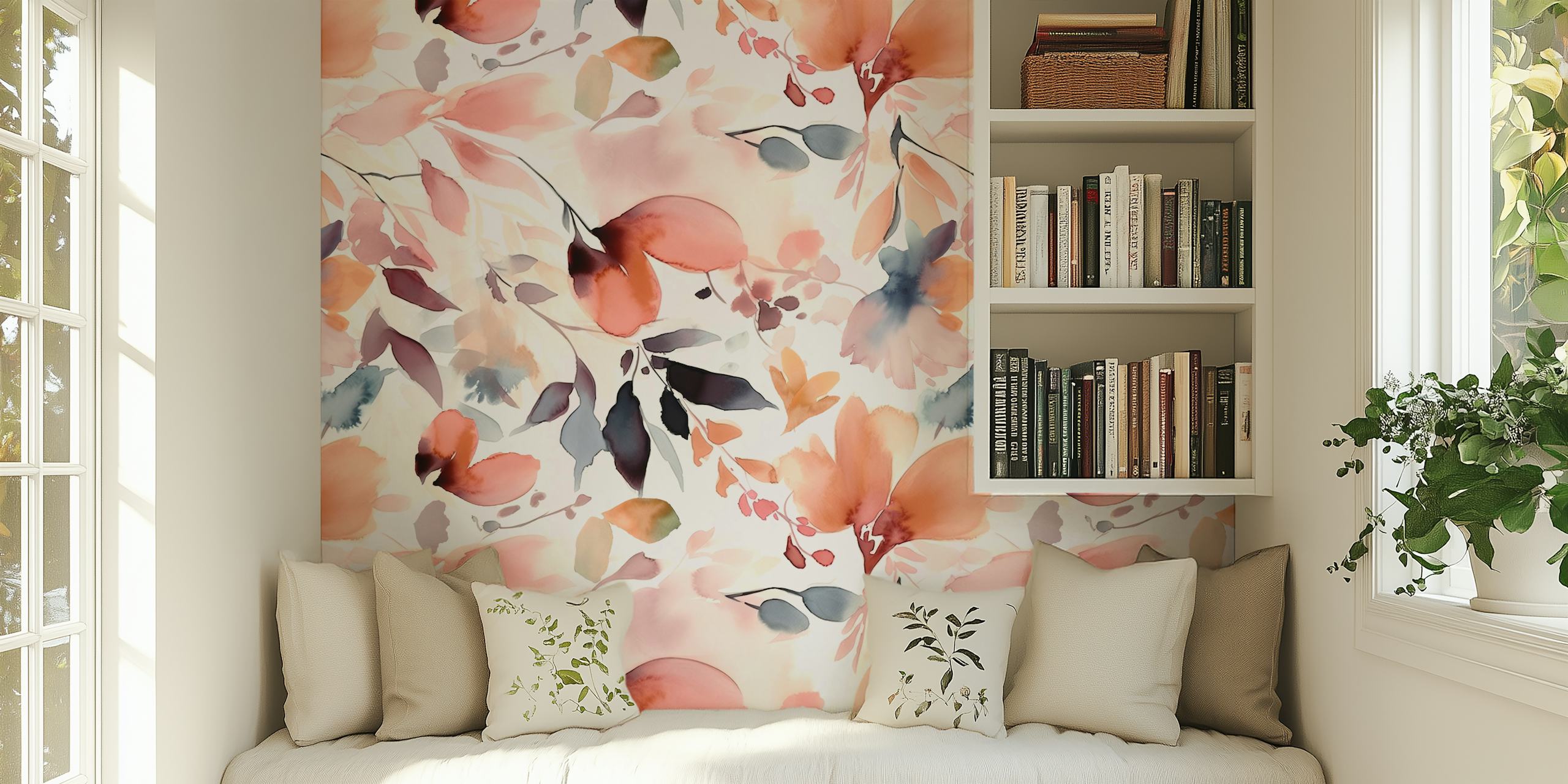 Watercolor florals wallpaper design in a room