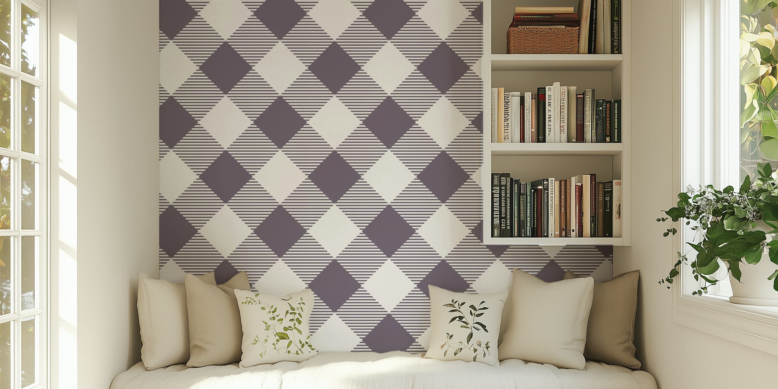 Λευκή και μπεζ τοιχογραφία με μοτίβο gingham