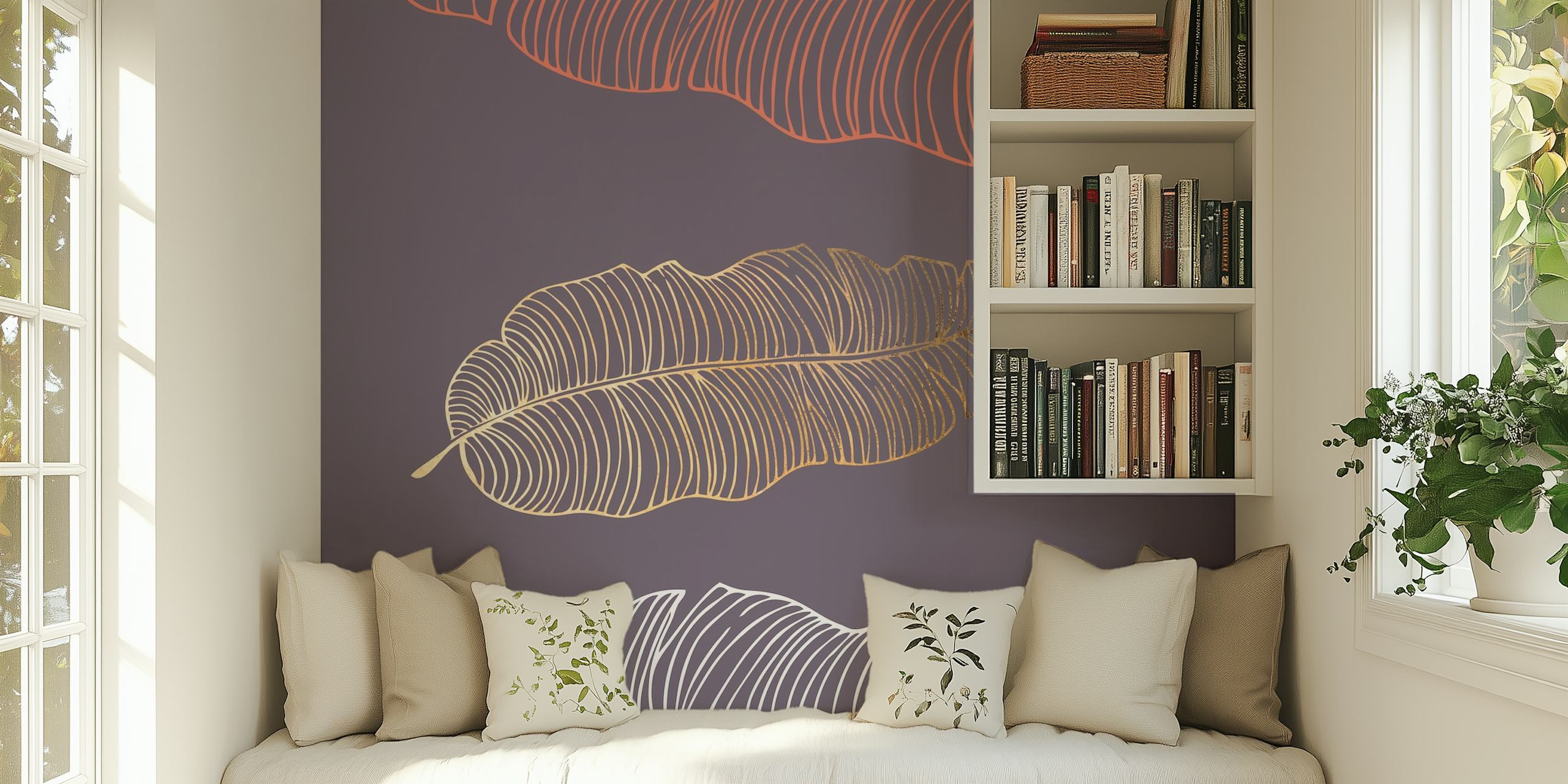 Taupe palm leaves behang weergegeven in een kamer