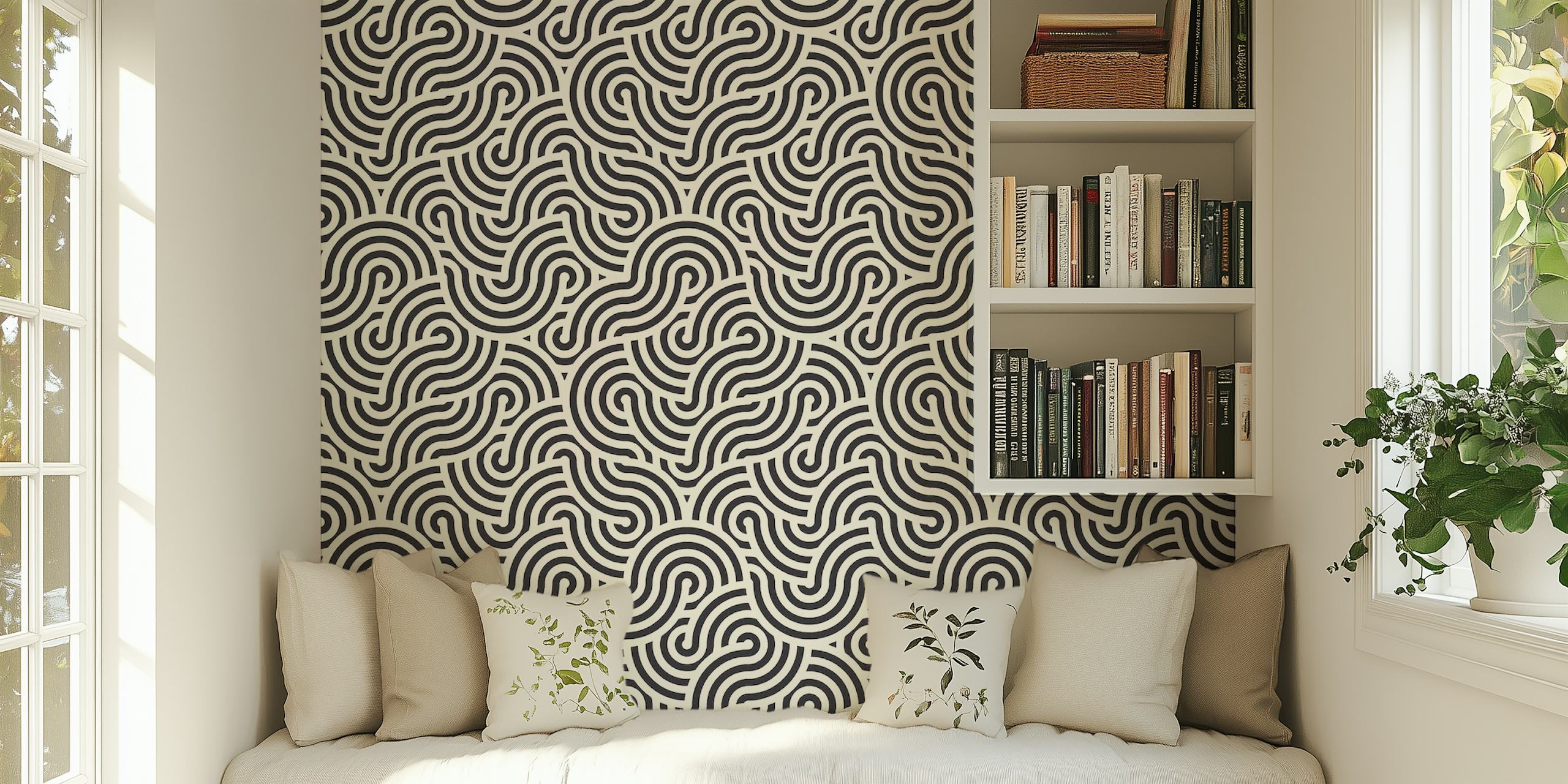 Tapeta Swirl Cream i Coal prikazana u sobi