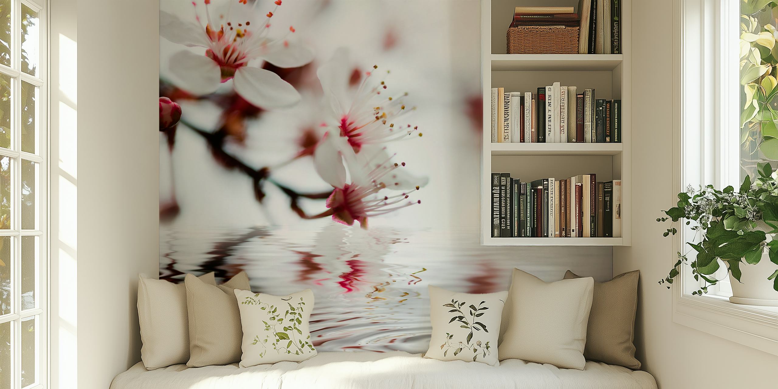 Cherry blossom branches with pink flowers and water reflection wallpaper