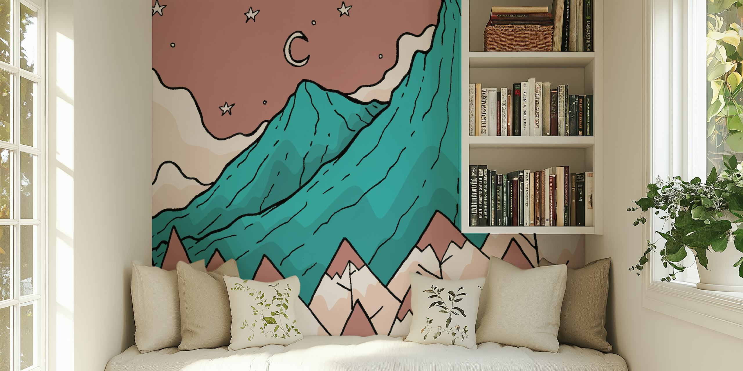 Illustratives Wandbild mit zwei türkisfarbenen Bergen, einem pastellfarbenen Himmel, Mond und Sternen