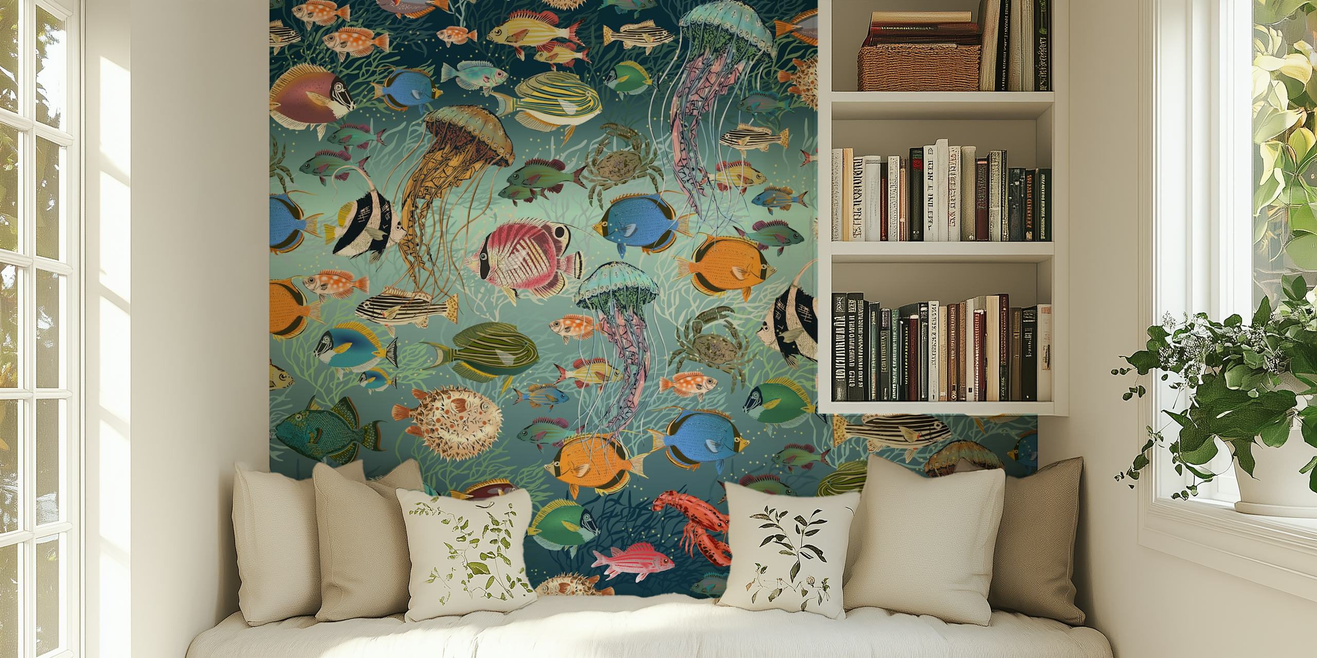 Colorful fish and jellyfish pattern in blue wallpaper