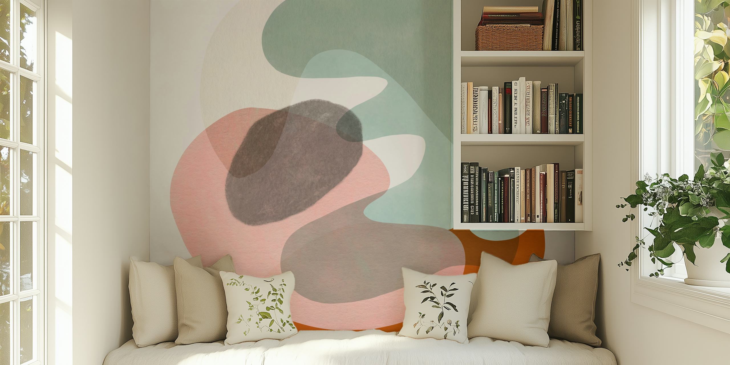 Pastel abstract shapes in soft colors like pink, green, and brown wallpaper