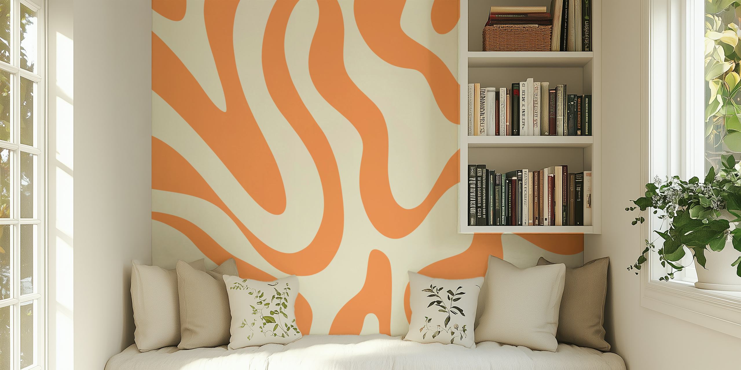 Orange swirling patterns on cream background retro wallpaper