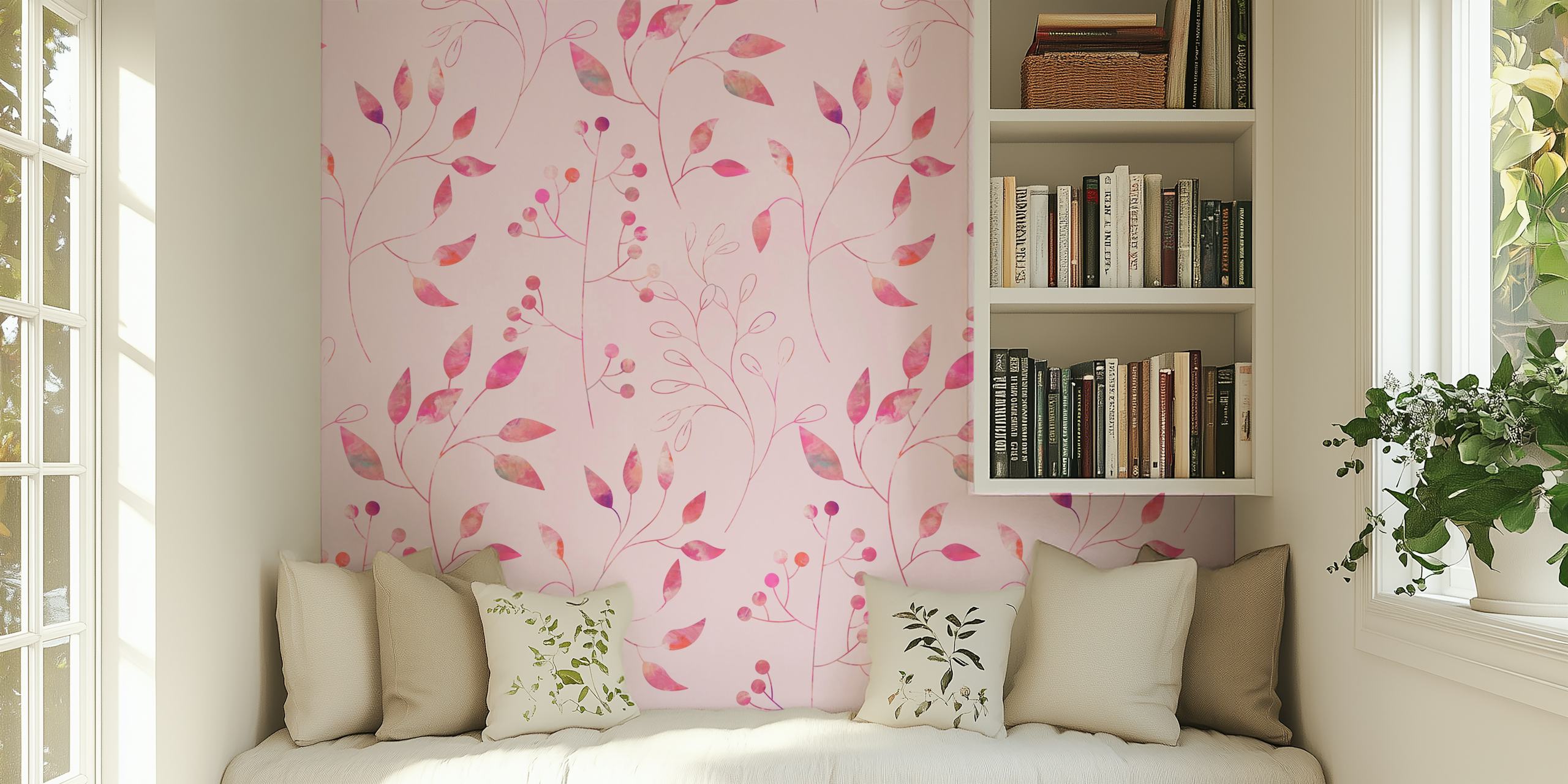 Floral Simplicity Pretty Pink wall mural with soft pink leaves and branches