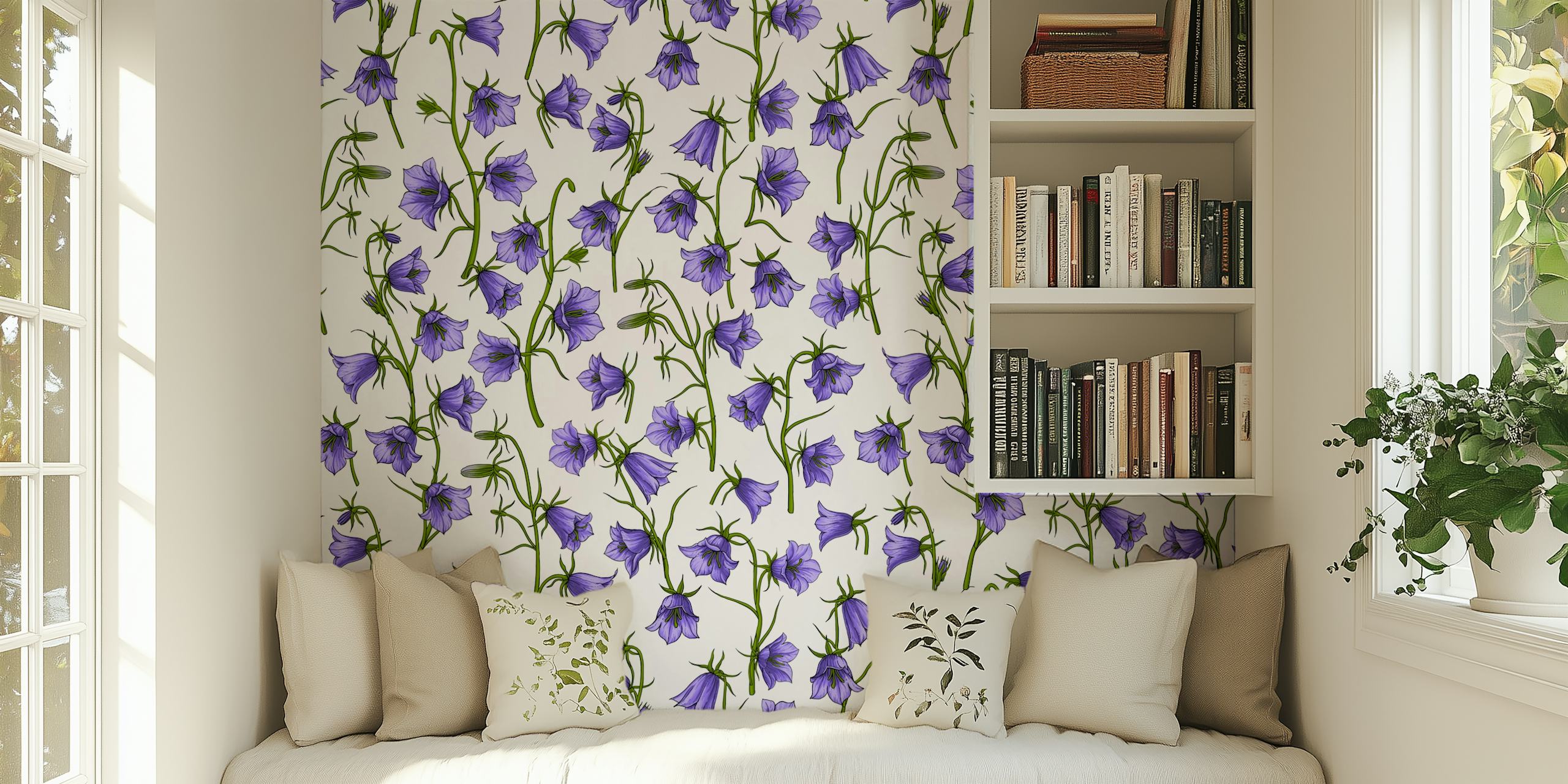 Bellflowers in violet τοιχογραφία με επαναλαμβανόμενο μοτίβο από βιολετί λουλούδια σε σχήμα καμπάνας σε λευκό φόντο