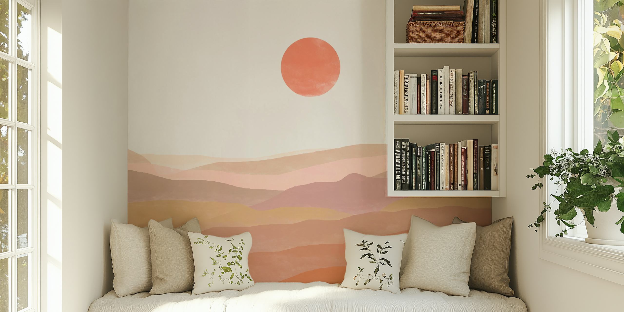 Abstract landscape with soft pastel colors and a sun, wallpaper