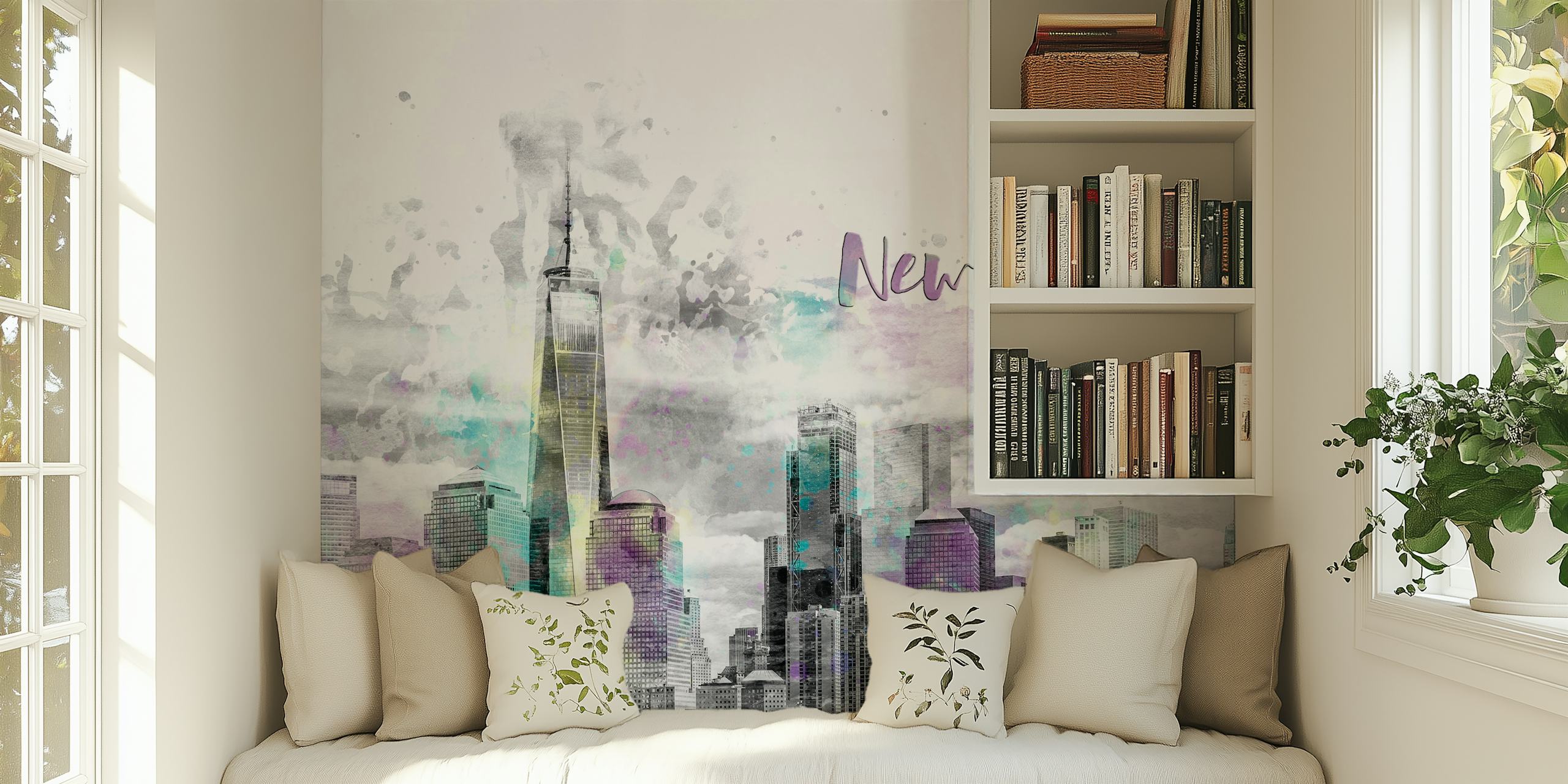 Modern Art NYC Skyline wallpaper in a room