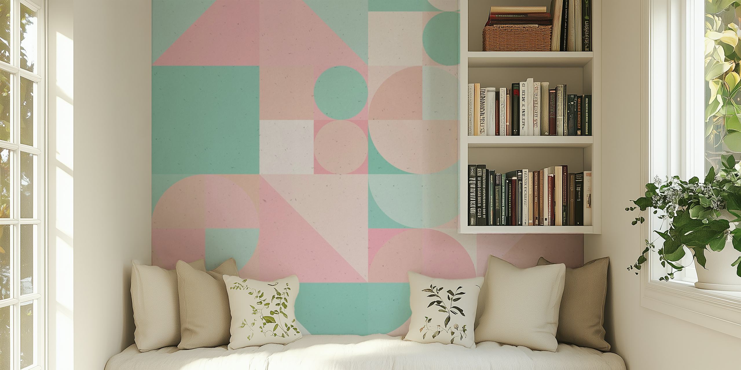 Geometric shapes in pastel colors, soft pink and mint wallpaper