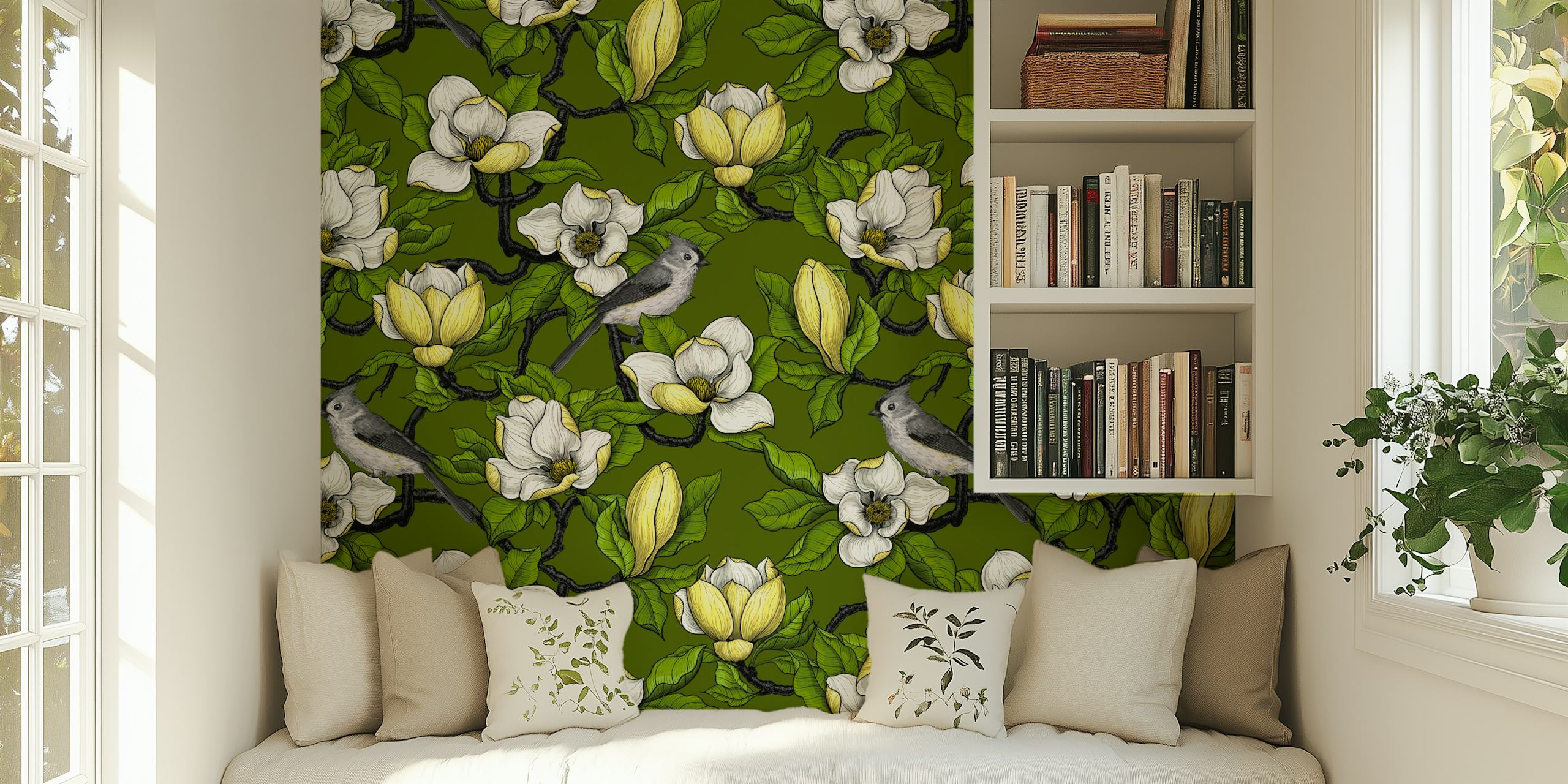 Blooming magnolia flowers and bird wall mural on green background