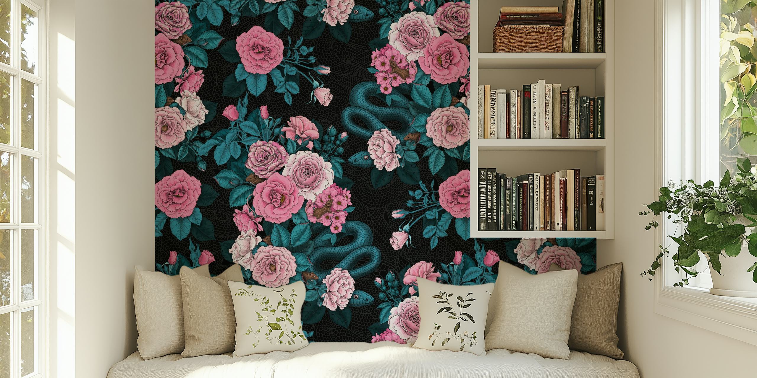 Um mural de parede com um cacho de rosas cor de rosa e vermelhas sobre um fundo escuro, criando uma atmosfera floral romântica.