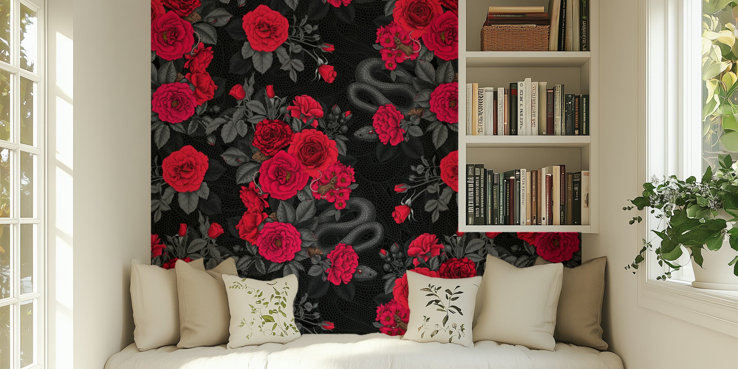 Black wallpaper featuring red roses and a snake design.