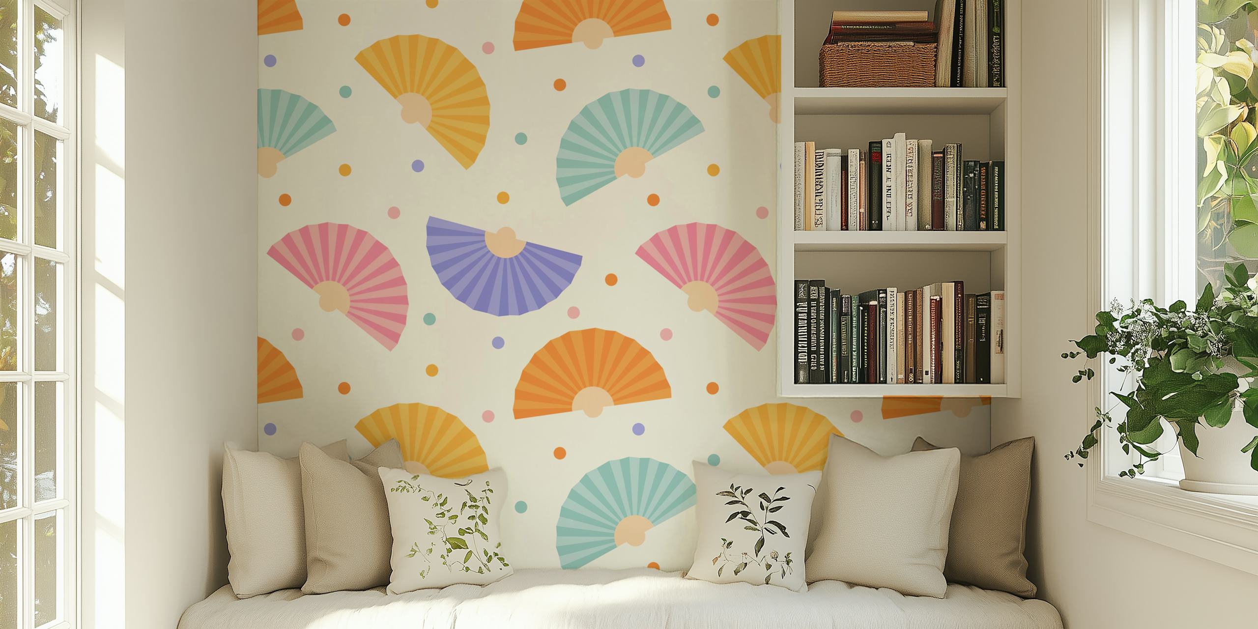 Hand Fans - Pastel wall mural with soft-hued decorative fans on a white background