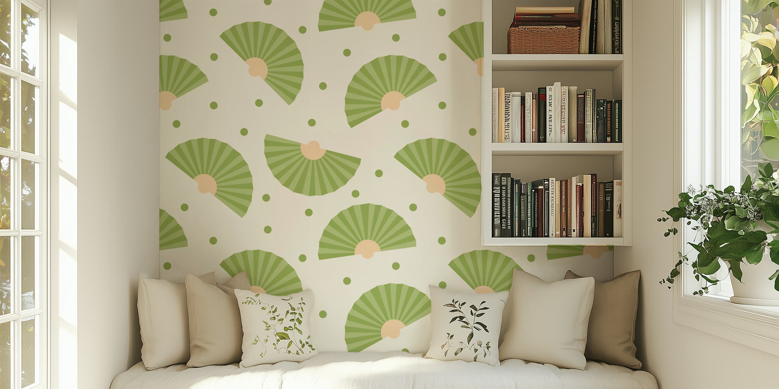 Green hand fans and polka dots pattern wallpaper