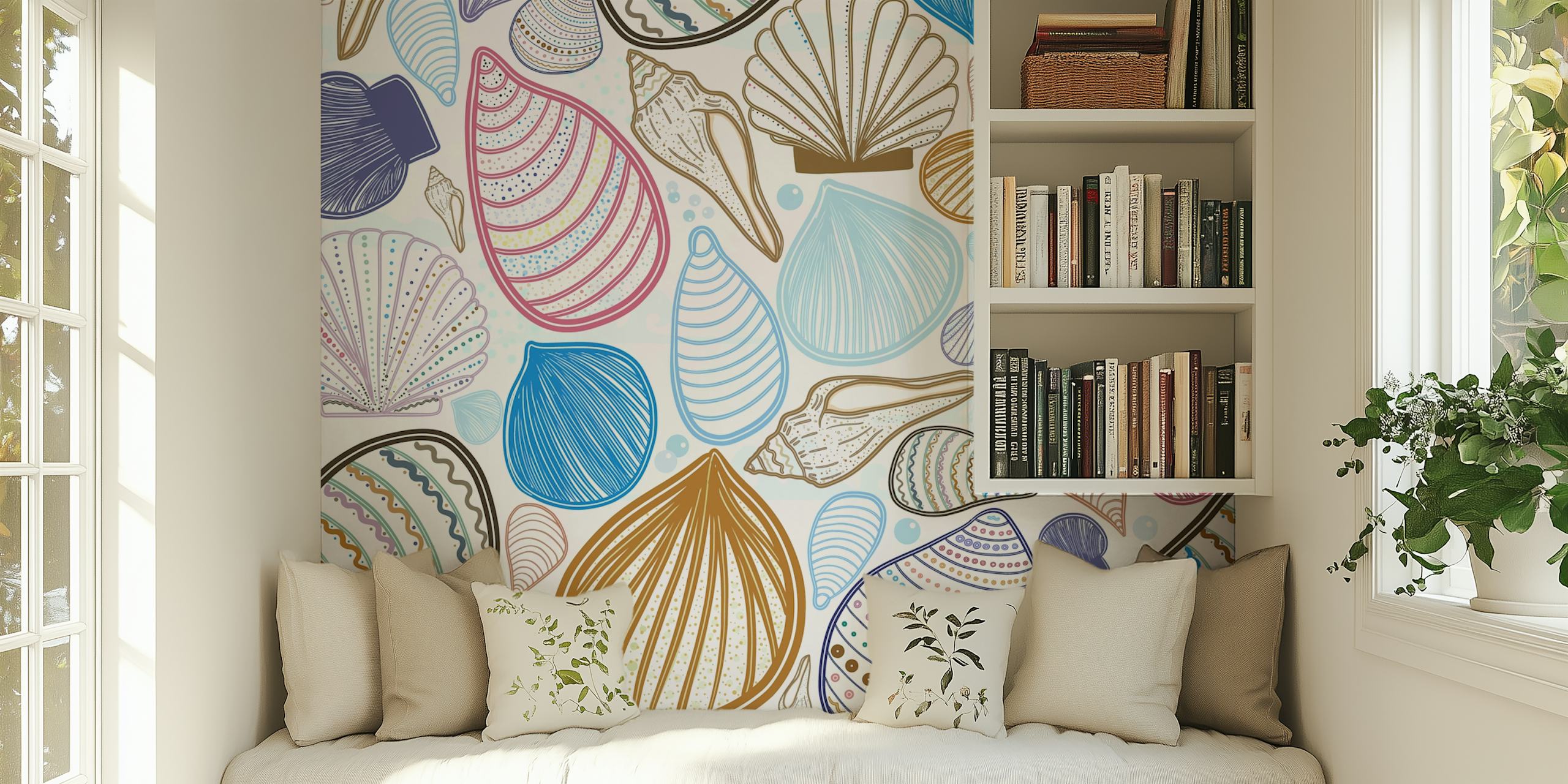 Pastel seashell pattern wall mural with a variety of sea shells in soothing colors