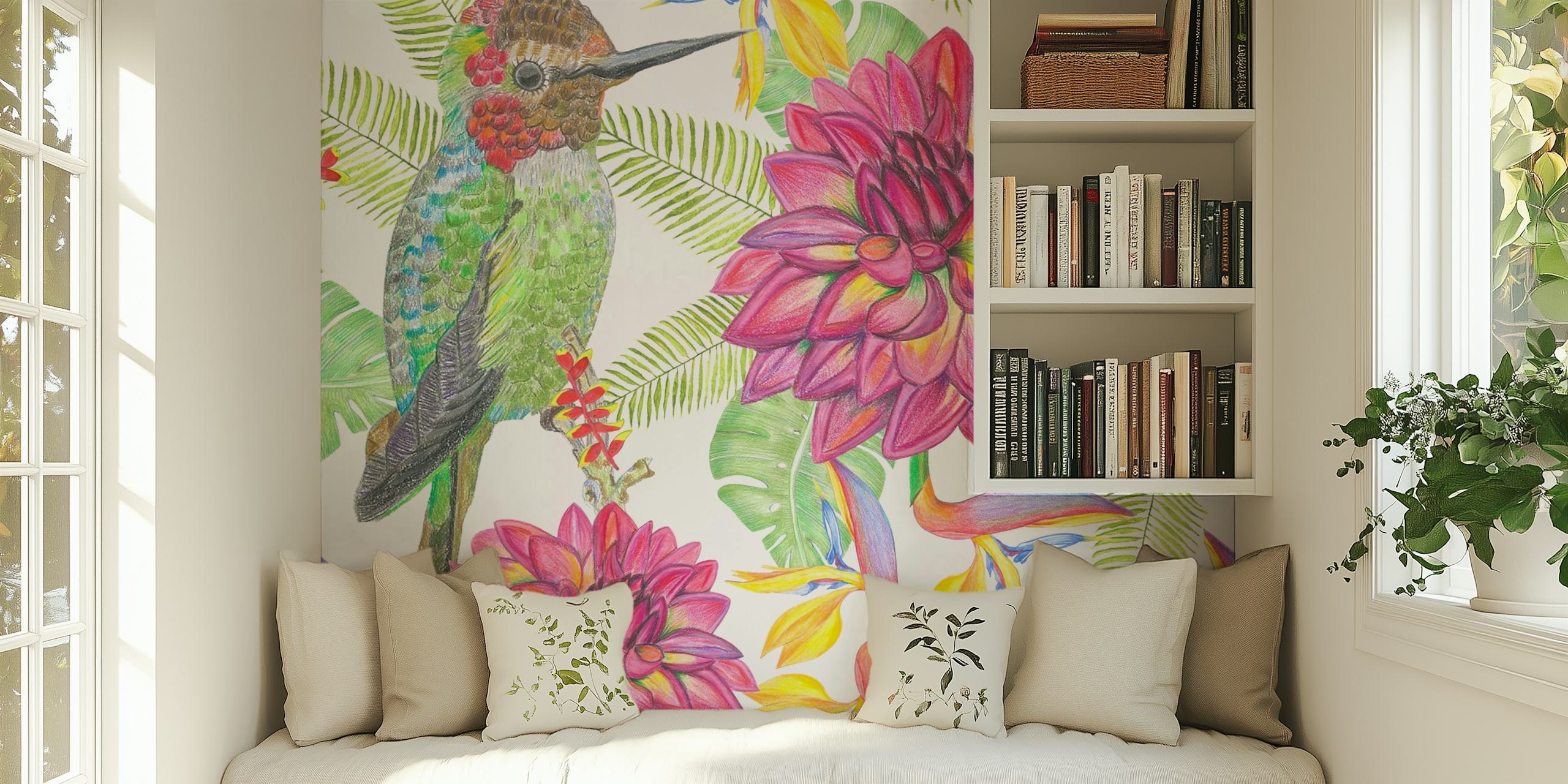 Hand drawn hummingbird wallpaper in a room