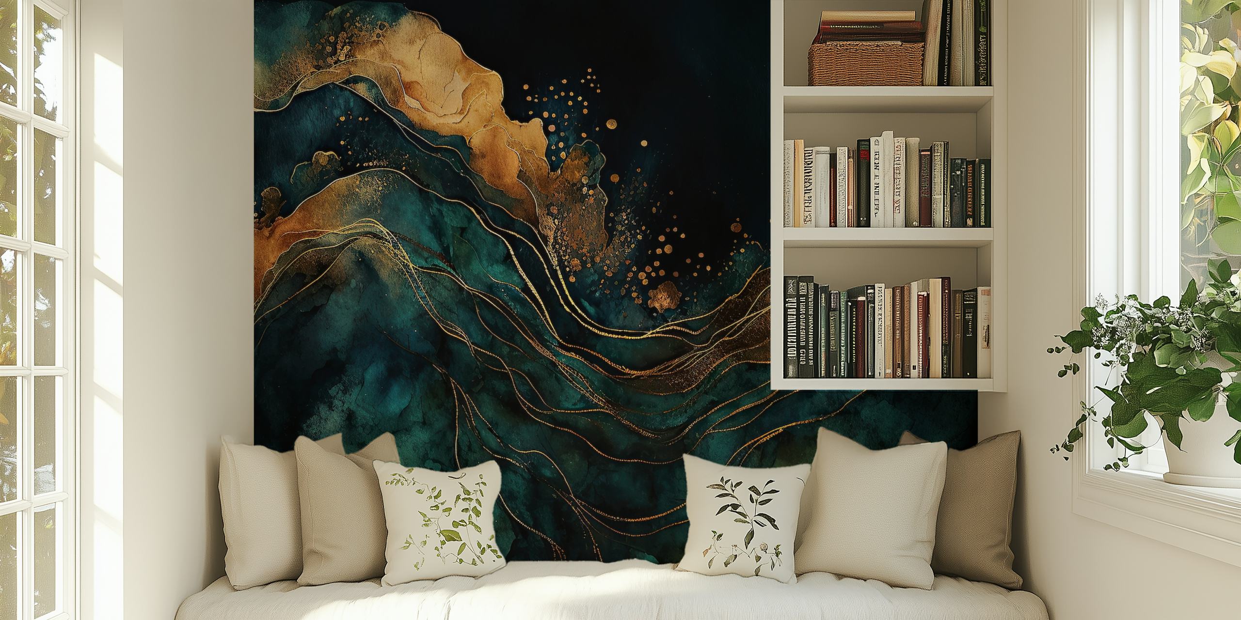 Teal and gold abstract ocean waves wallpaper