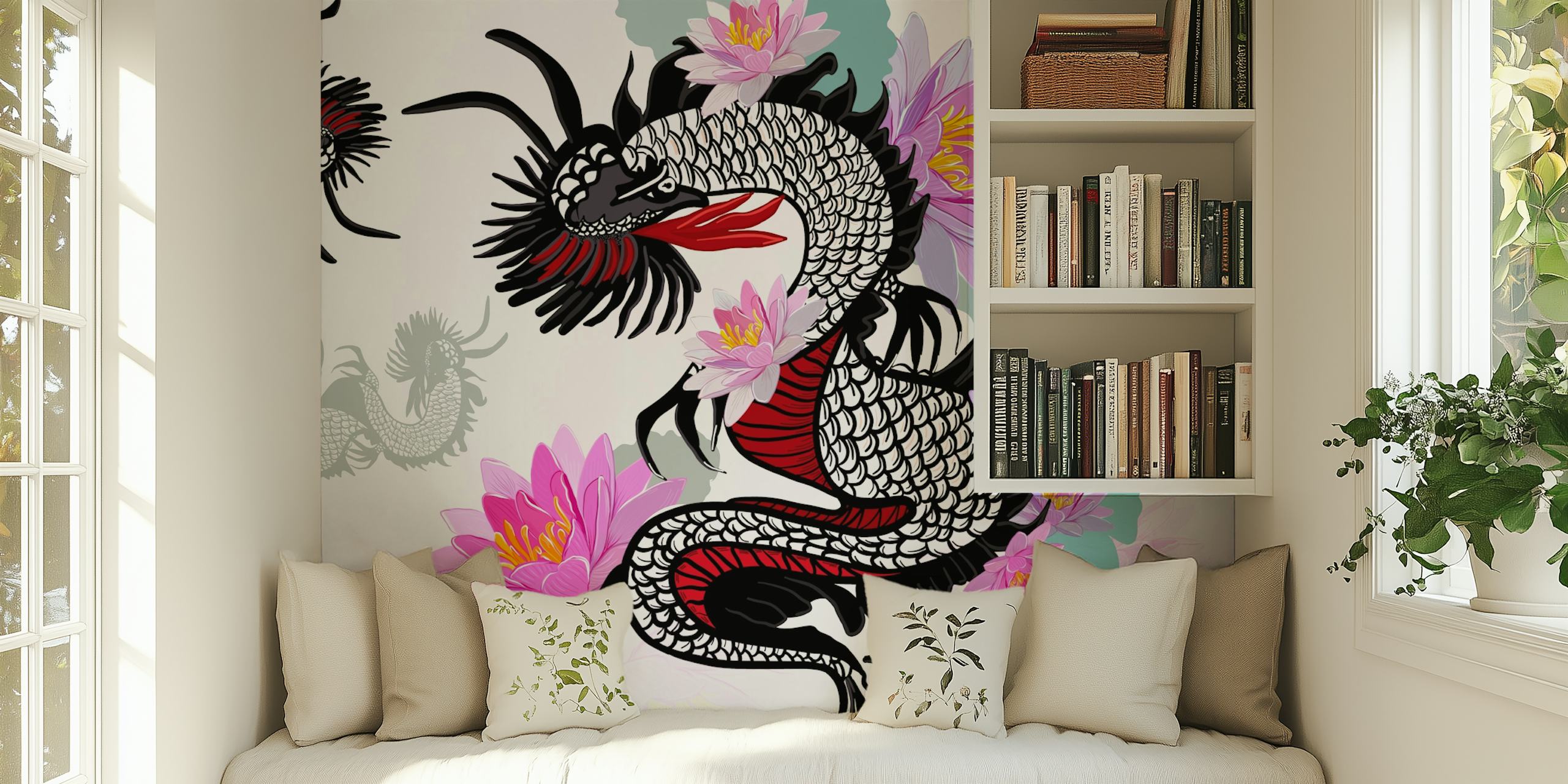 Mythical dragon and blooming lotus wall mural design