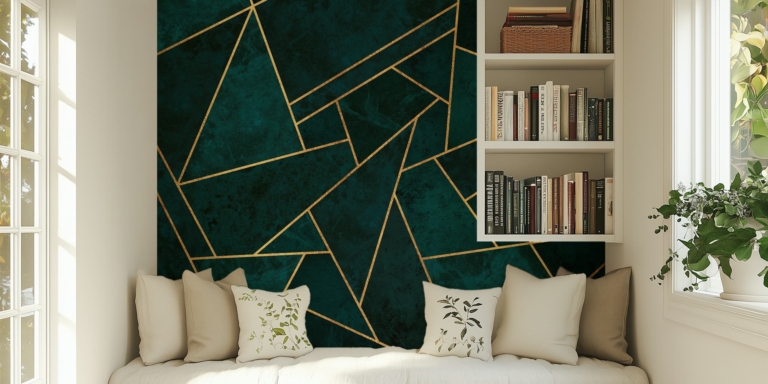 Luxury Deep Teal Stone Mosaic wall mural with gold accents