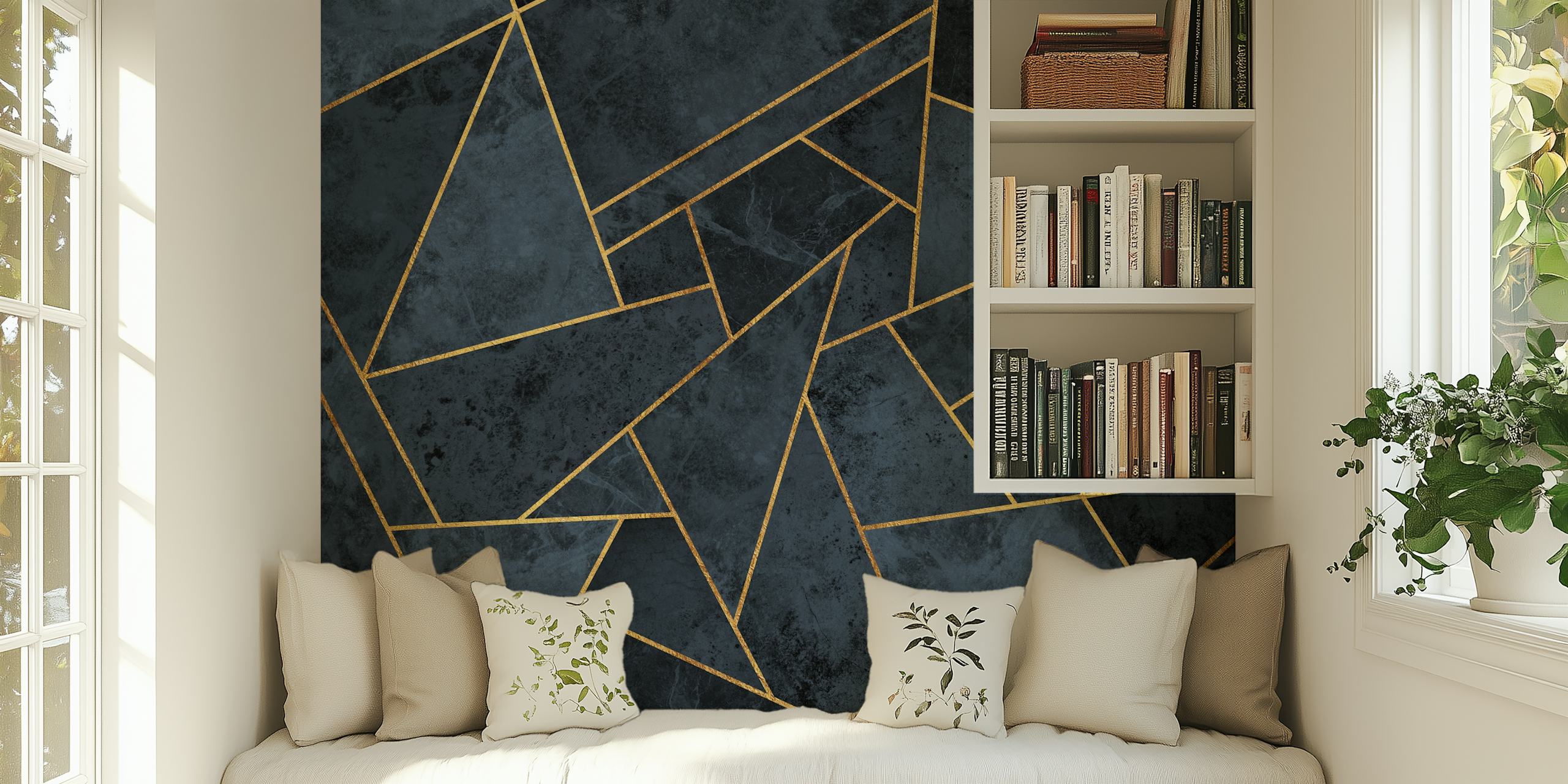 Sanftes blaues abstraktes Mosaikfliesen-Wandbild mit goldenen Linien