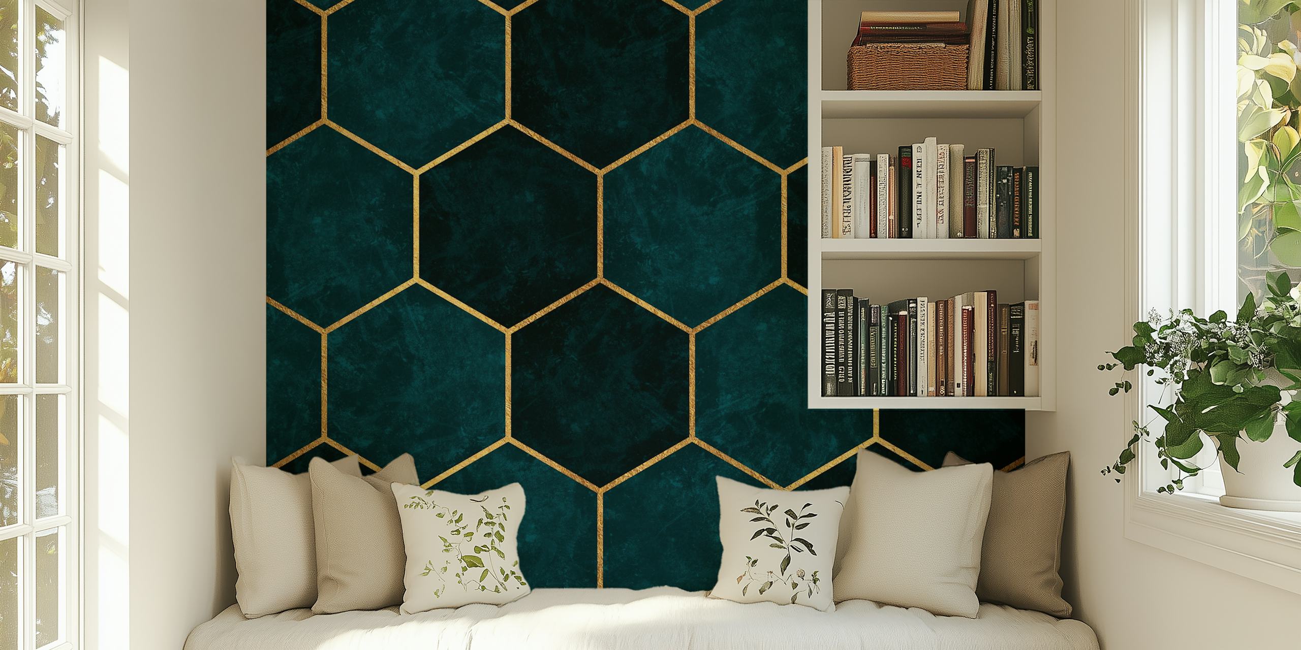 Dark Teal Hexagons Pattern Tapete in einem Raum
