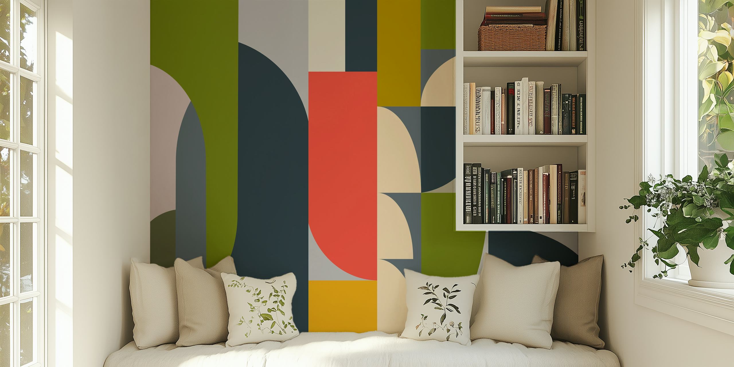 Geometric abstract shapes in vibrant colors including green, red, and navy blue wallpaper