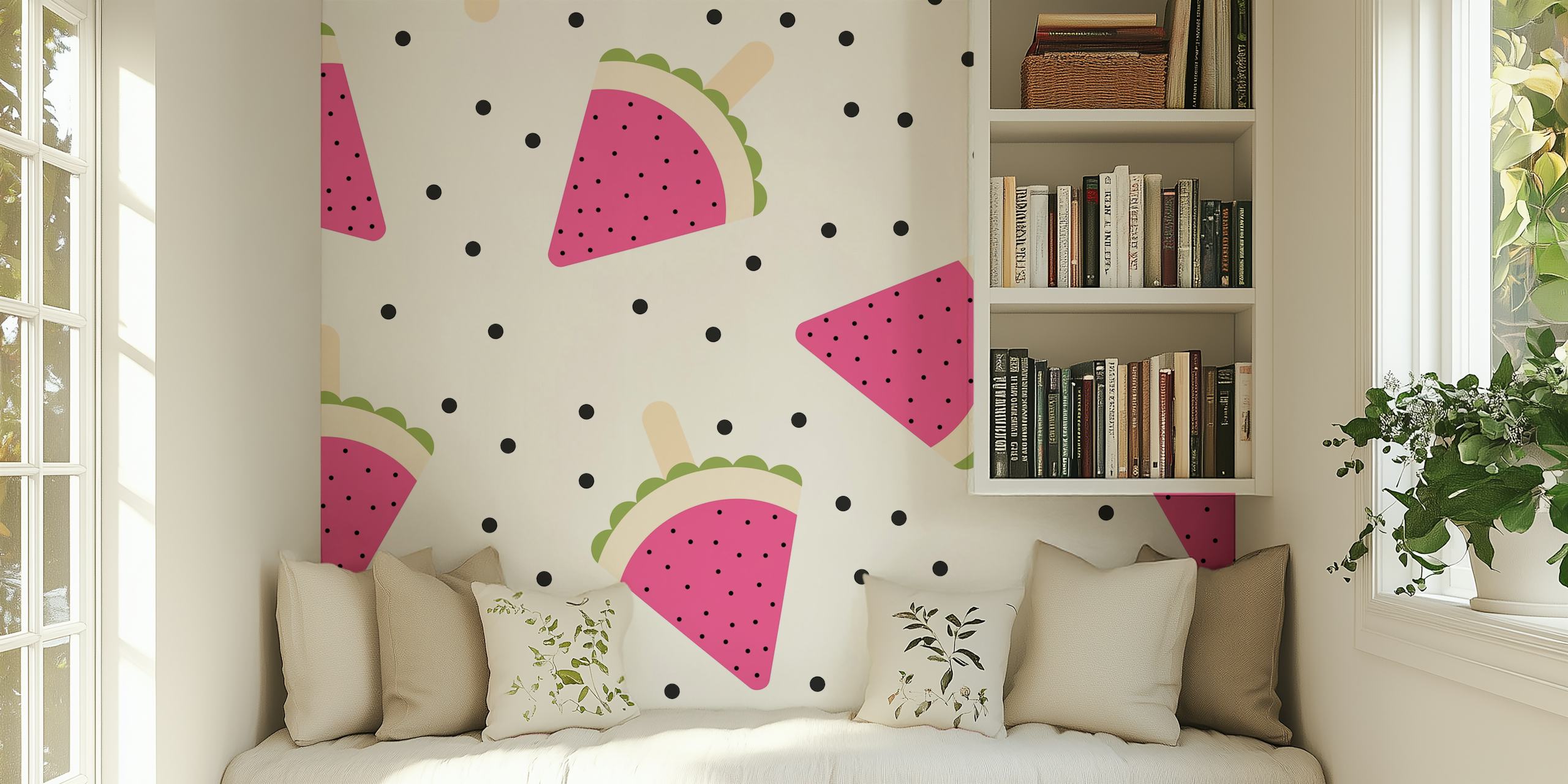 Pink watermelon popsicles on a cream background with black dots wallpaper