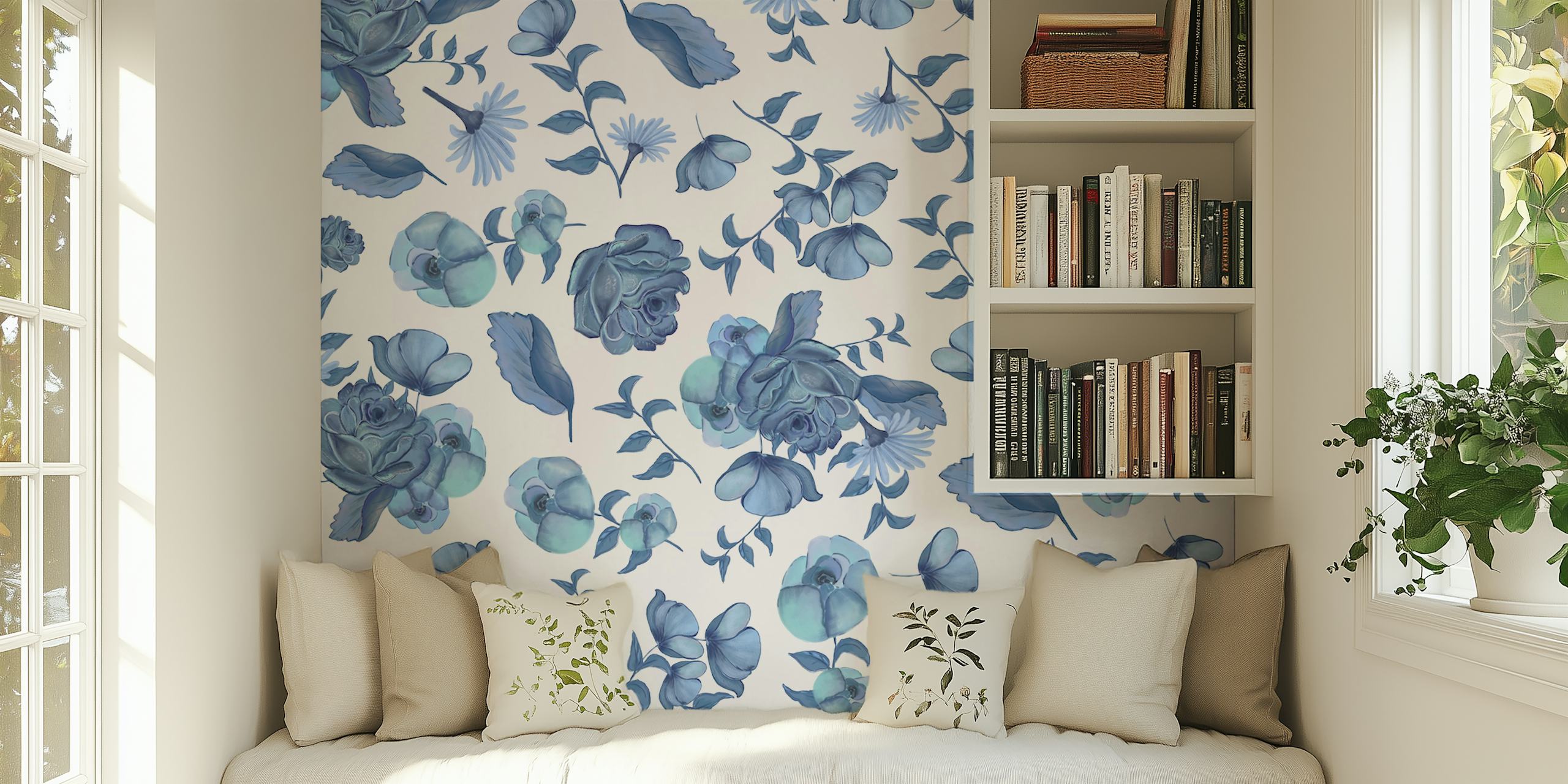 Διαχρονική μπλε φλοράλ τοιχογραφία με κομψά άνθη και φύλλωμα