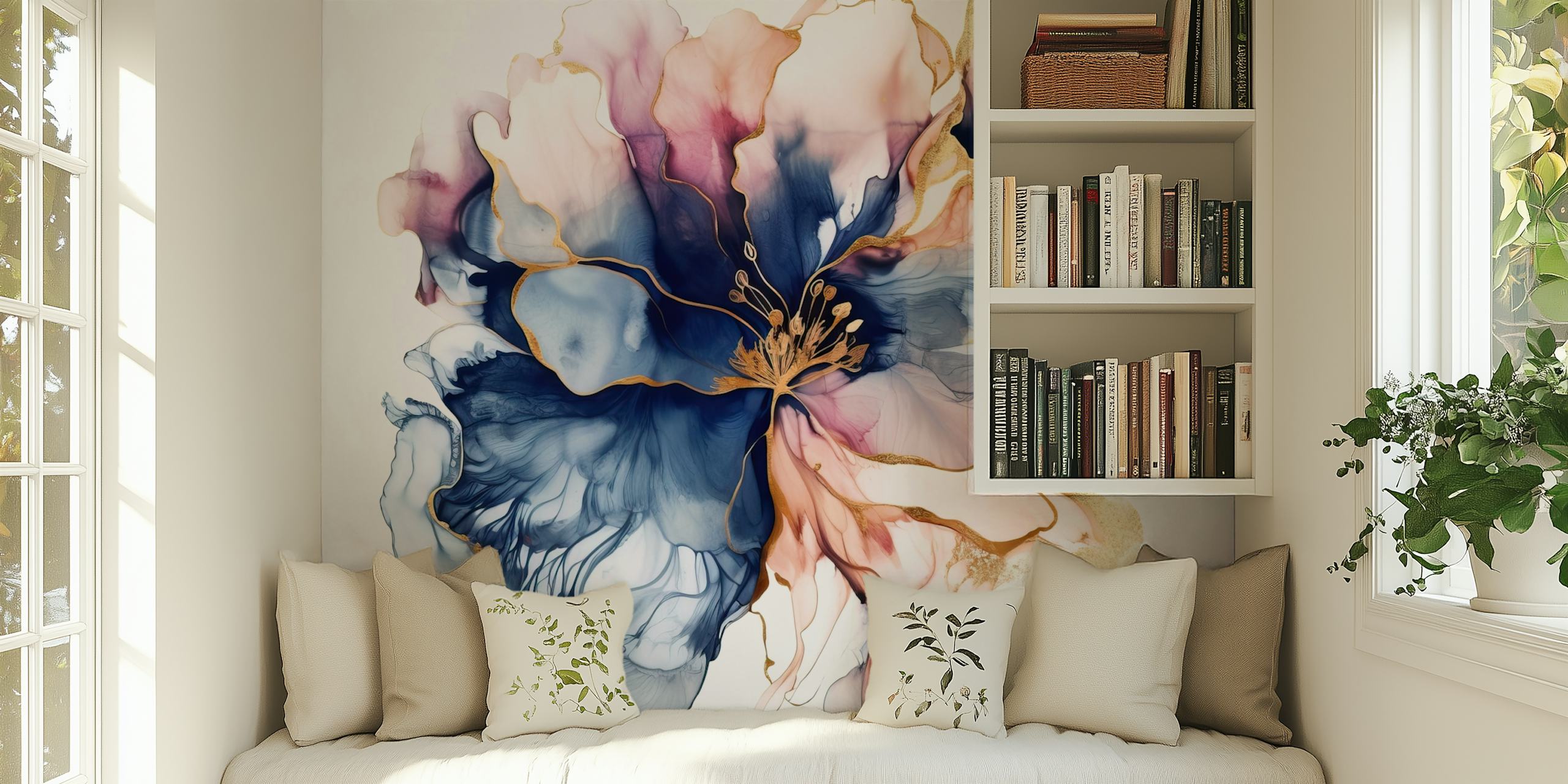 Liquid Flower wall mural with soft blue, pink, and cream hues