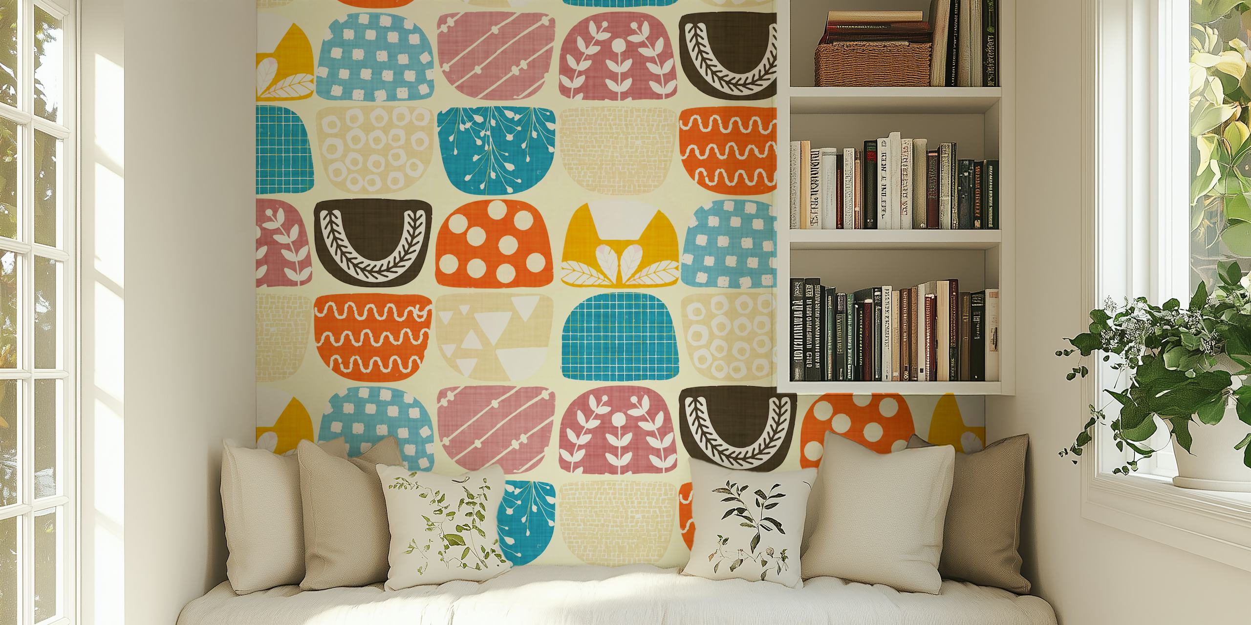 Colorful geometric patterns in blue, orange, pink, and beige wallpaper