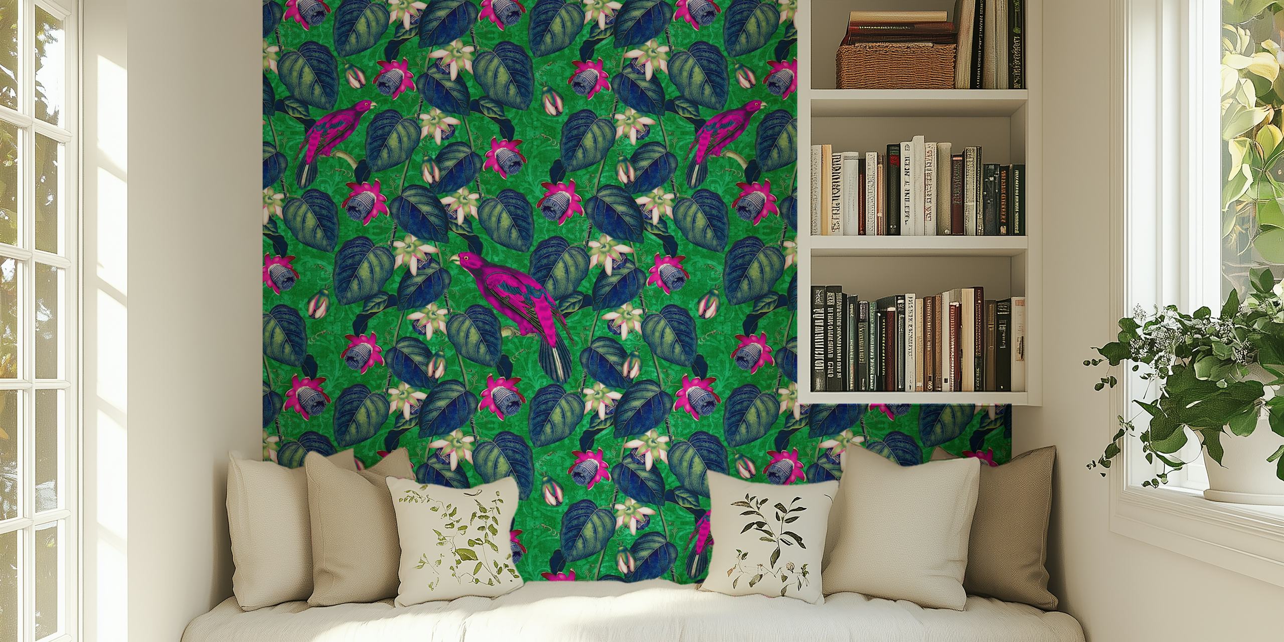 Tropical floral wallpaper with magenta and navy flowers on green background