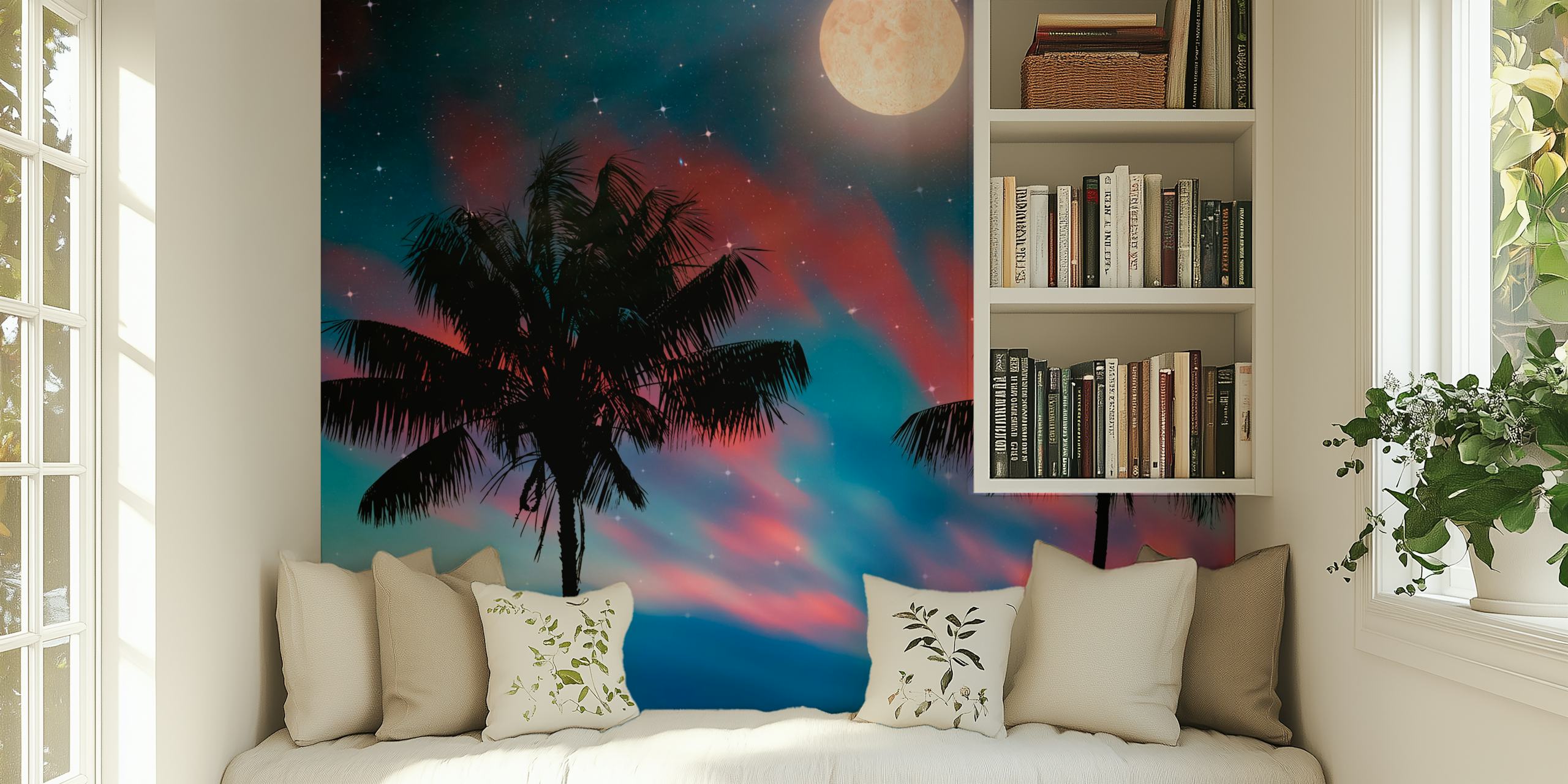 Tropical Evening wallpaper featuring palm trees and moon
