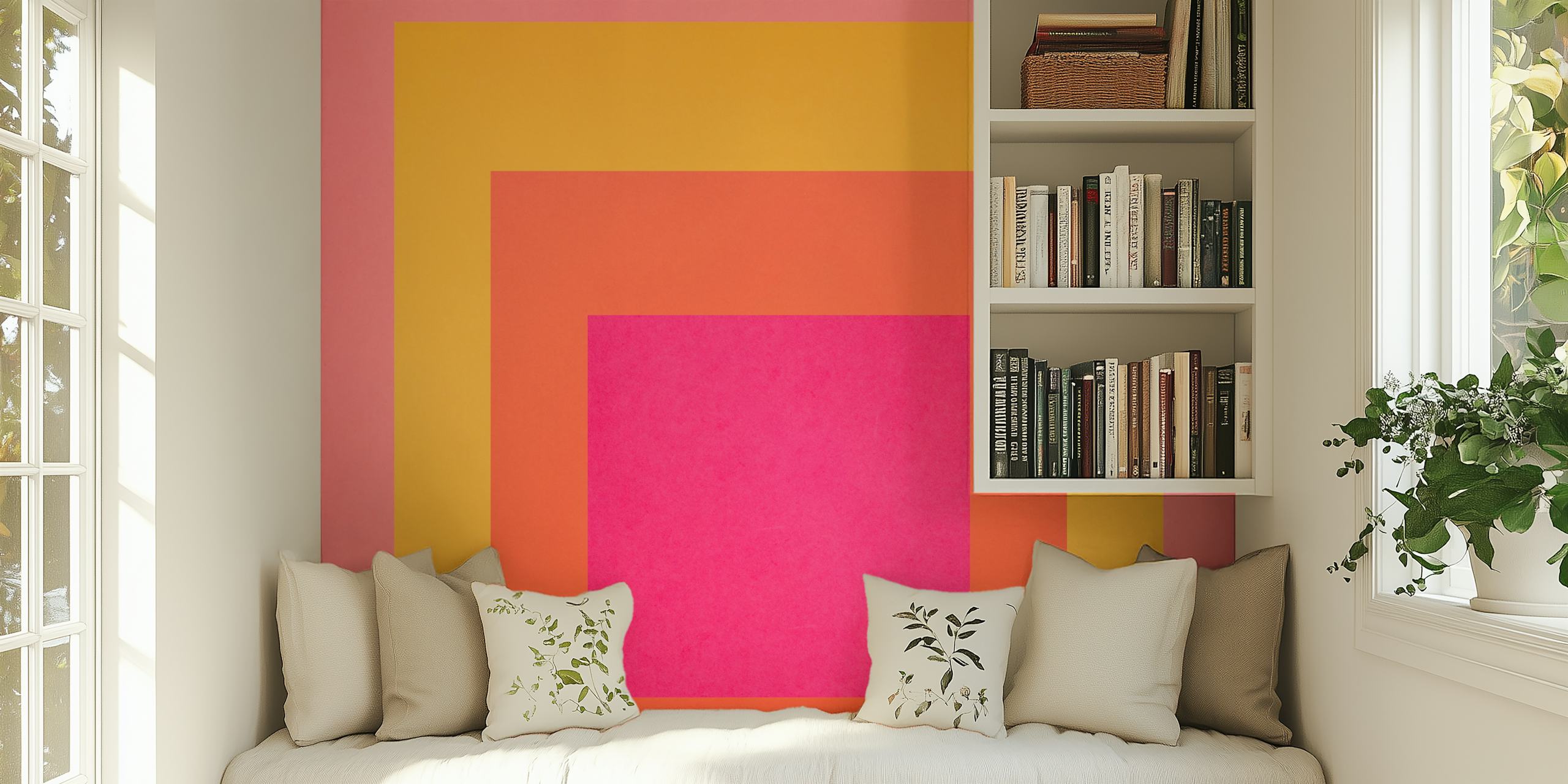 Conceptual collage of nested squares with gradient hues of coral and fuchsia on a wall mural