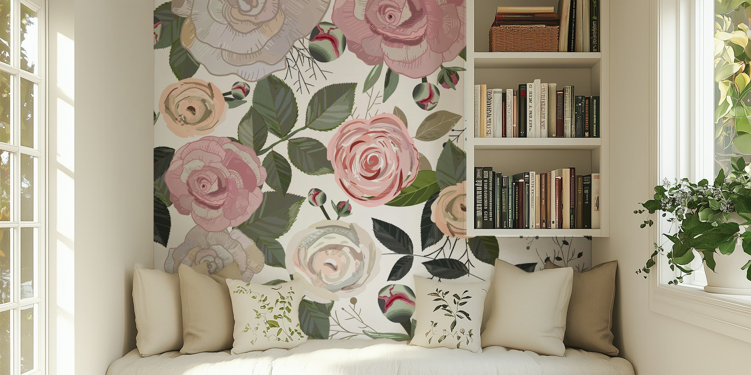 Pink peonies and roses with green leaves floral wallpaper