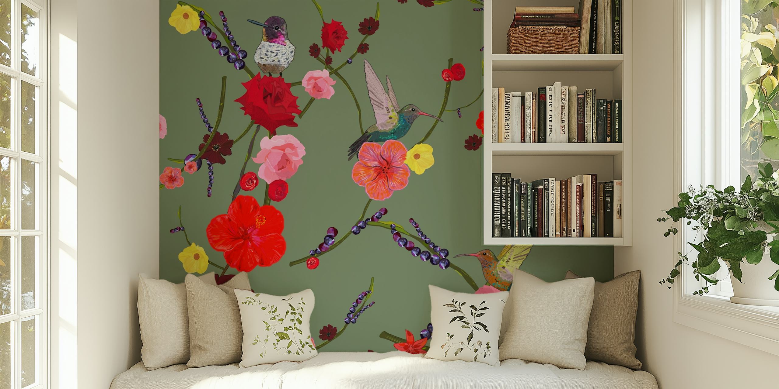 Φυτική τοιχογραφία με Birds with hibiscus roses σε πράσινο φόντο