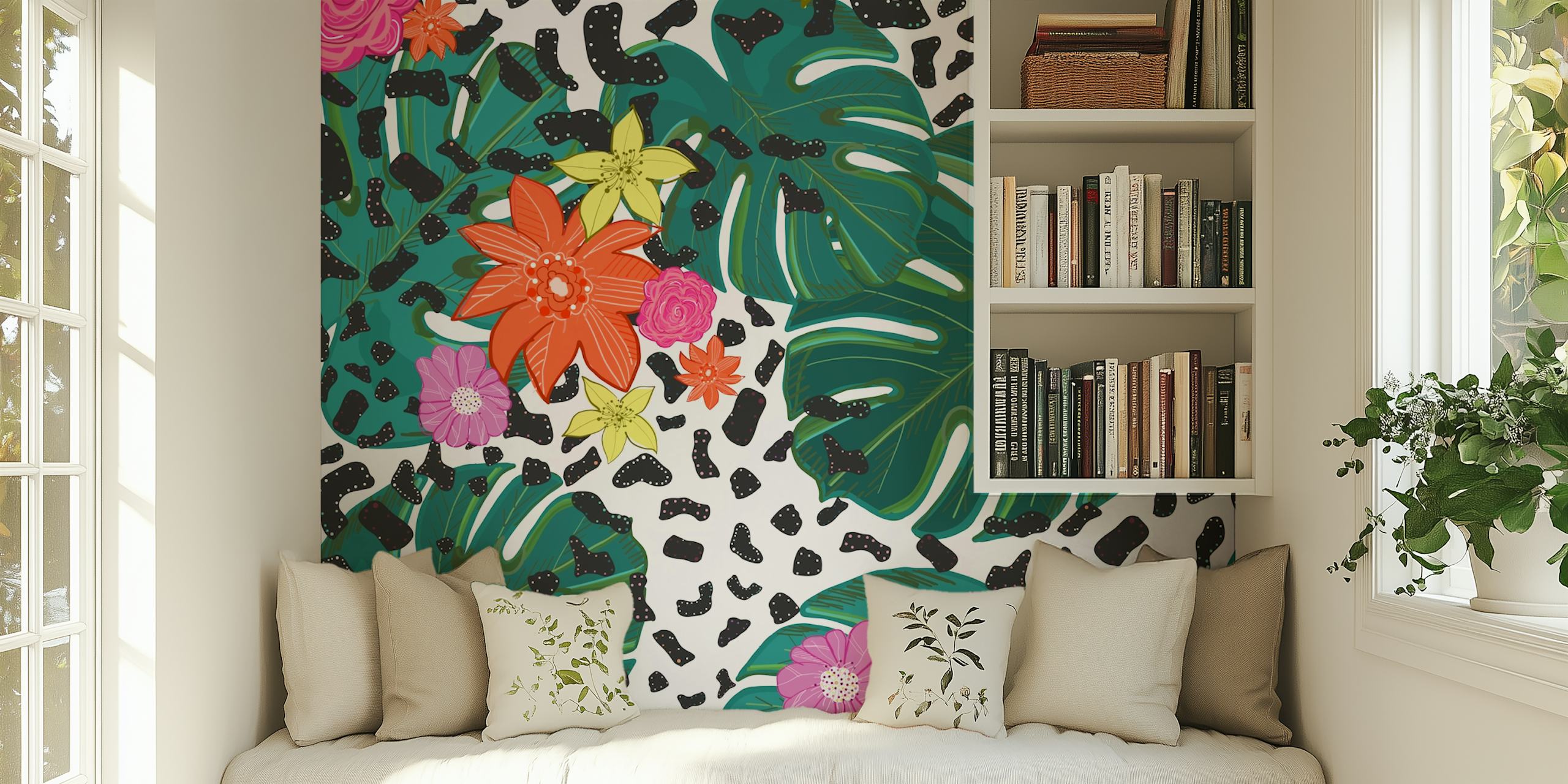 Tropical floral wallpaper with hibiscus and palm leaves, black leopard print, bright colors