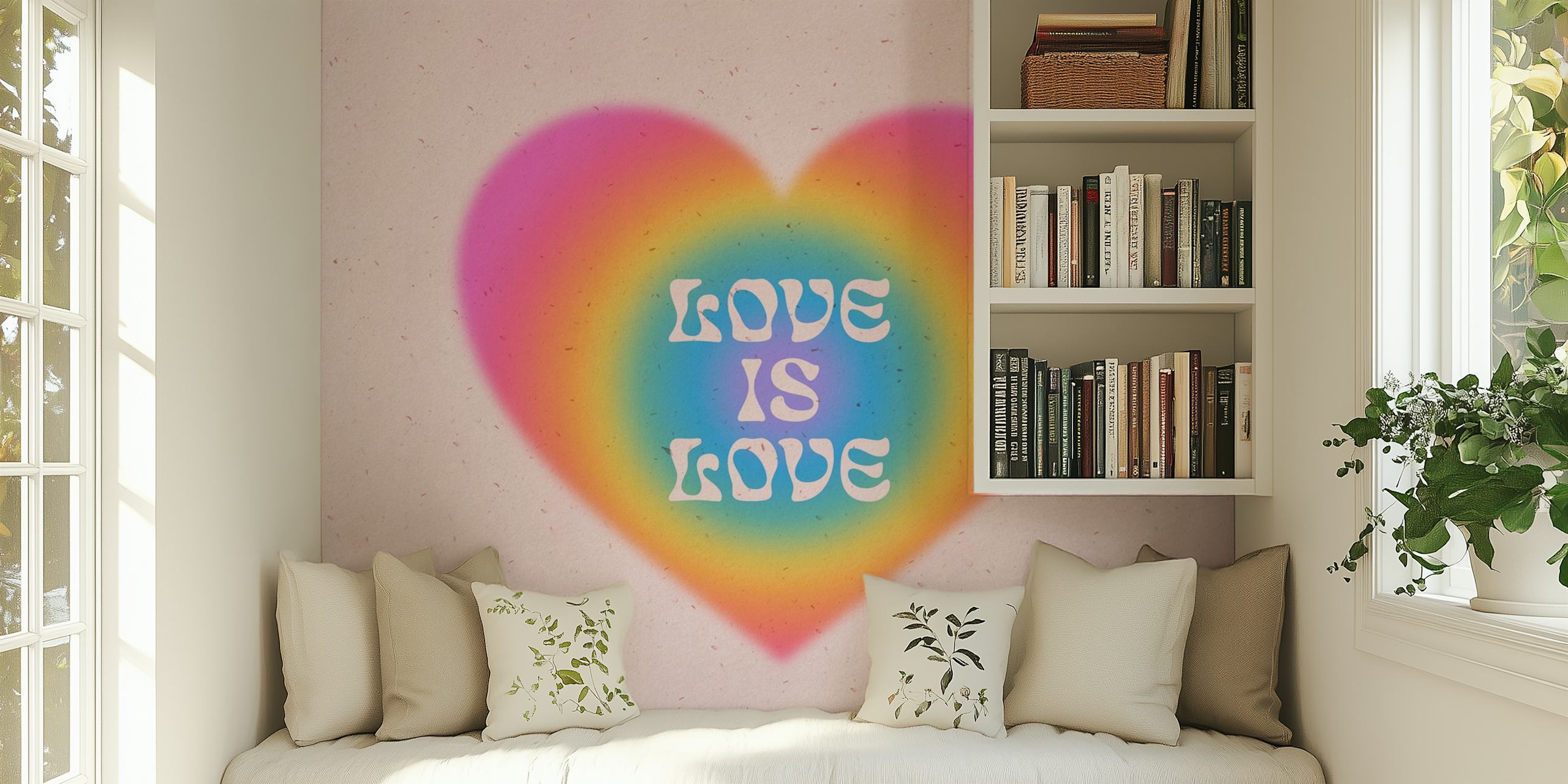 Rainbow heart with text 'Love is Love' on pink background wallpaper