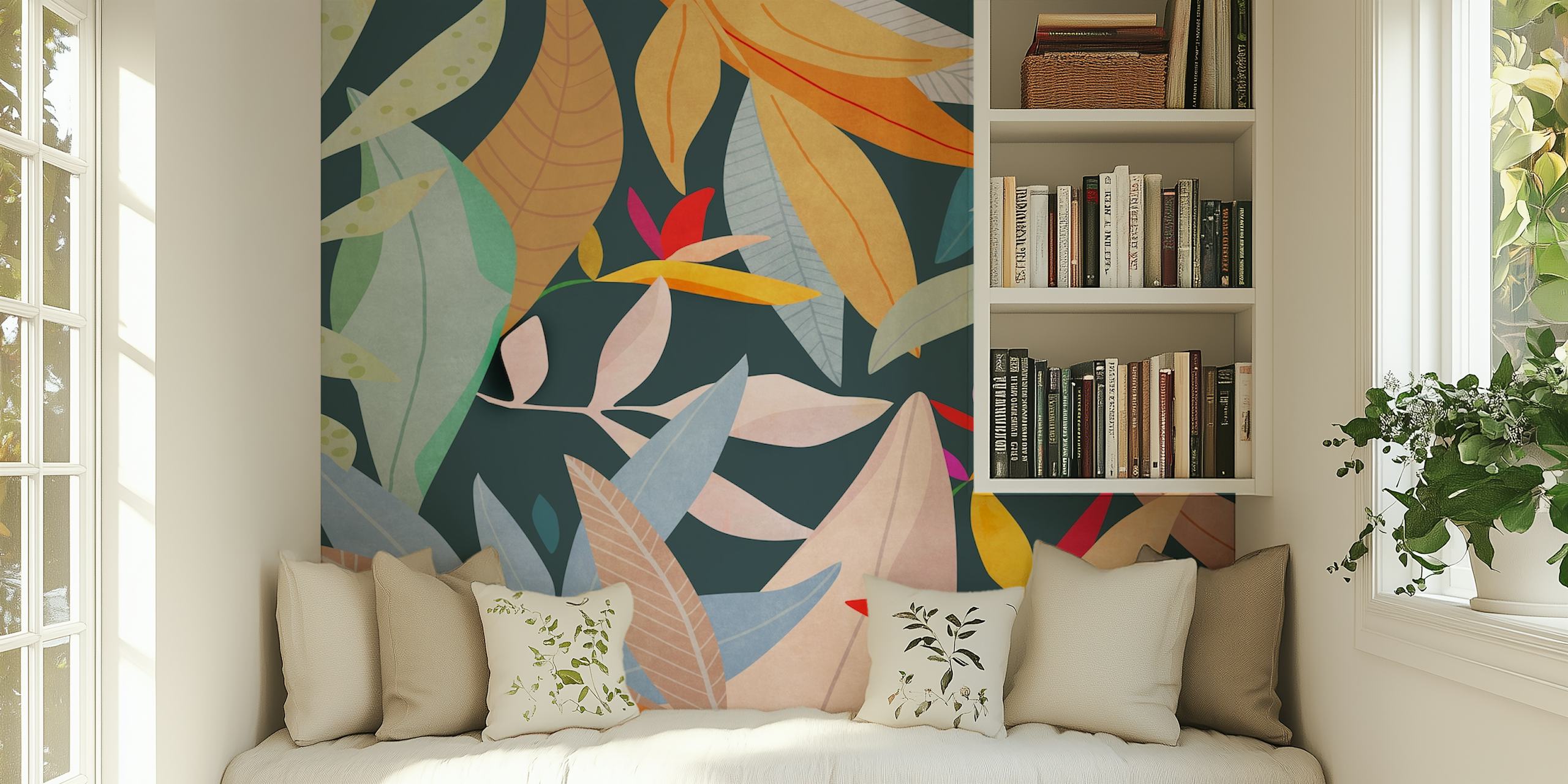 Vibrant tropical leaf patterns in various colors wall mural