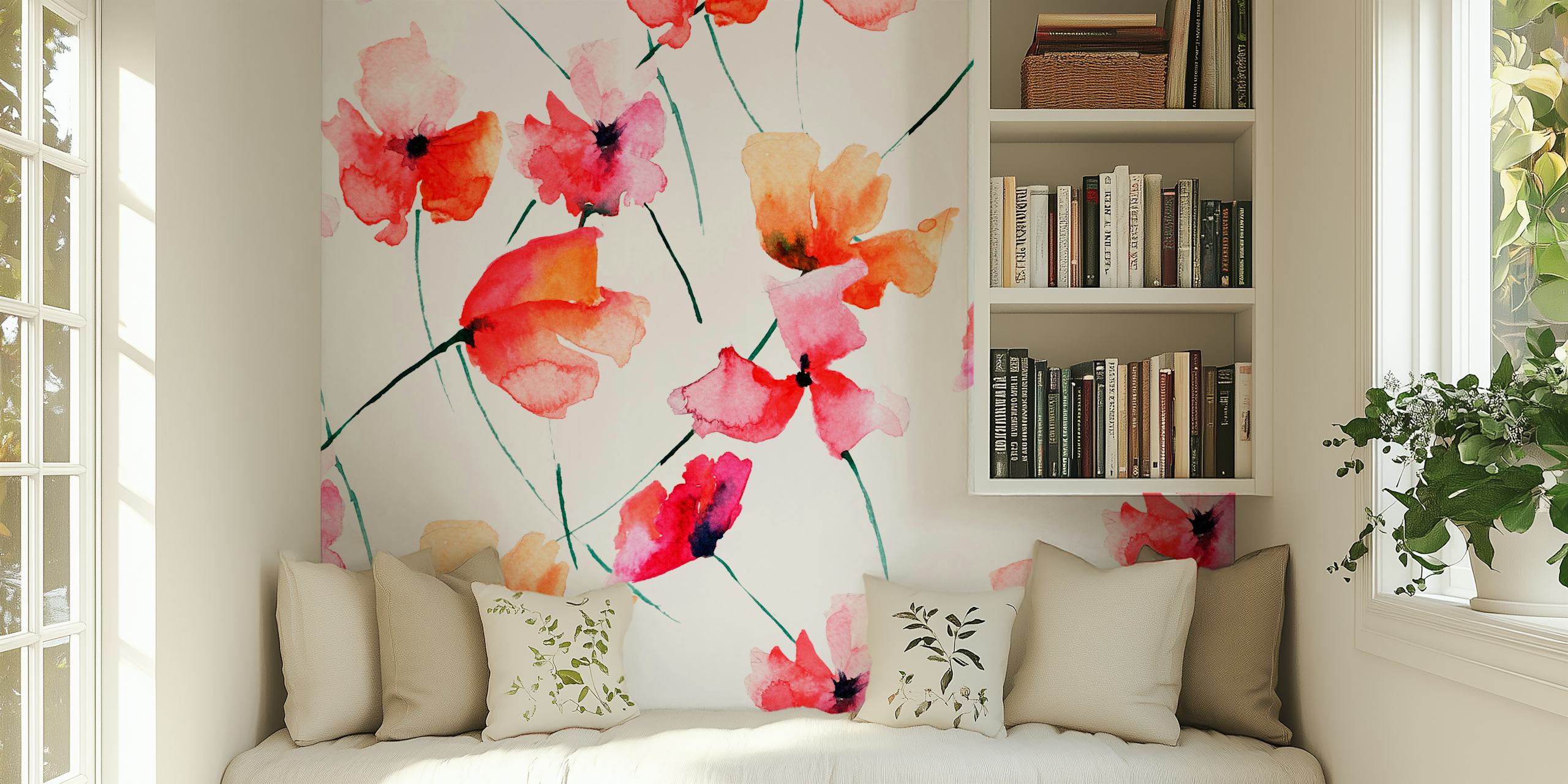 Pink watercolor flowers on white background wallpaper