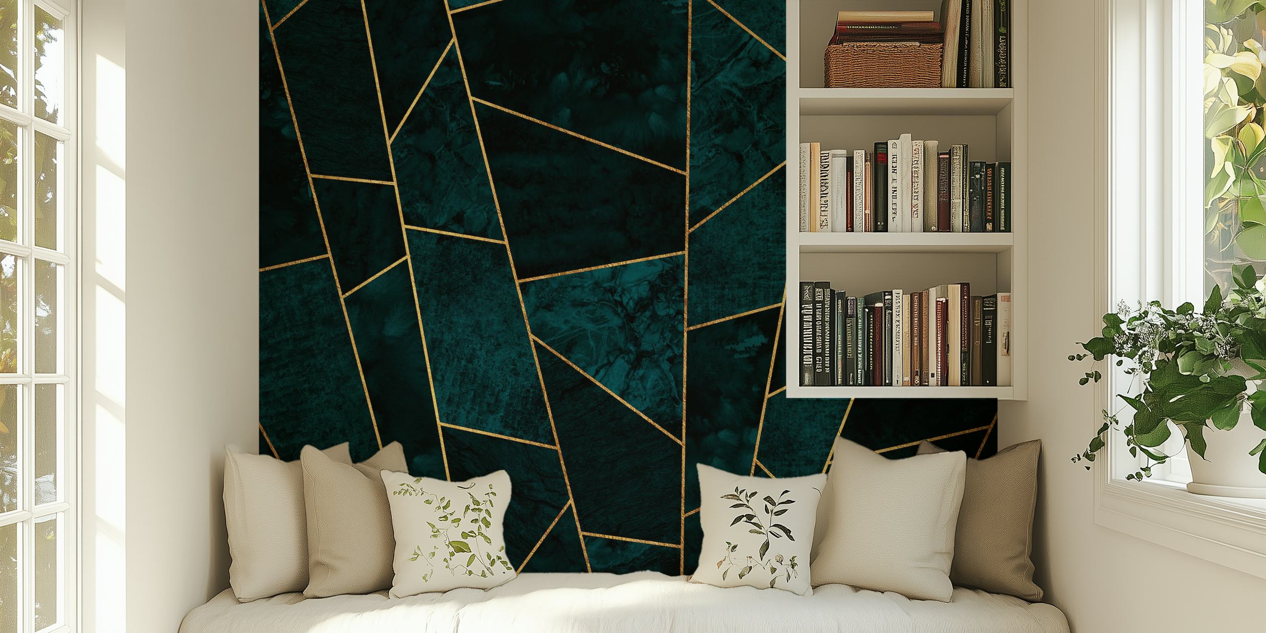 Luxury Teal Abstract wall mural with golden geometric lines on a dark teal background