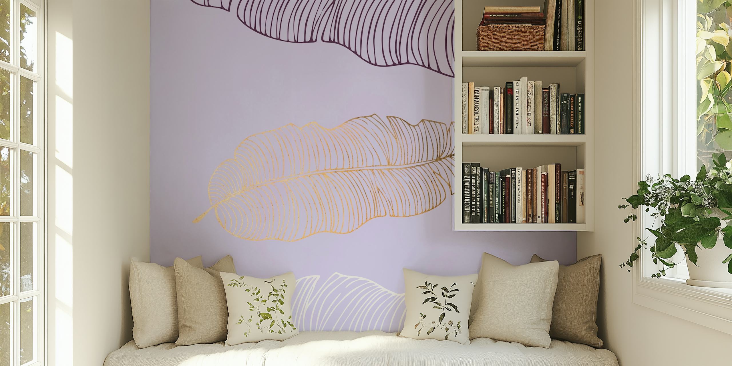 Pastel Lavender Palm Leaves wall mural with delicate white and yellow palm leaf outlines
